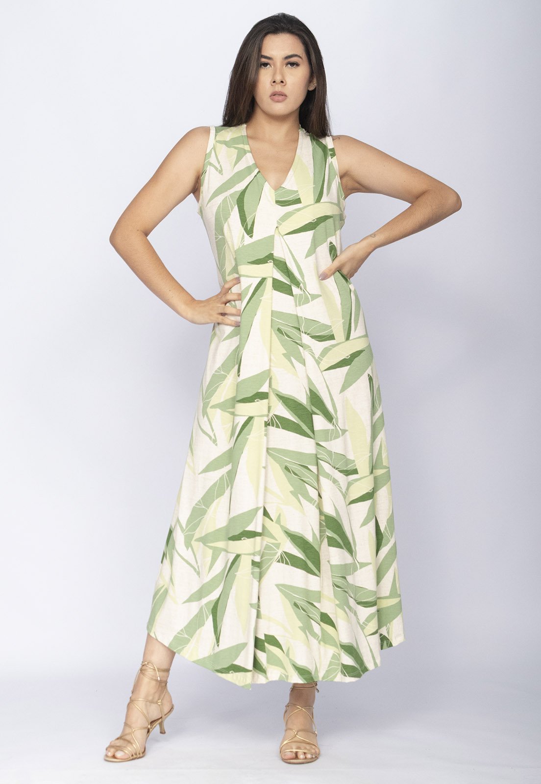 Vestido CabanaFree Longo Acará Malha Estampa Verde Selvagem