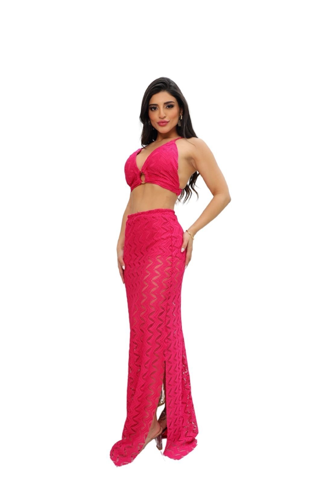 Conjunto Renda Saia Longa e Top Alcinha Com Hot Panties Sampaio Pink