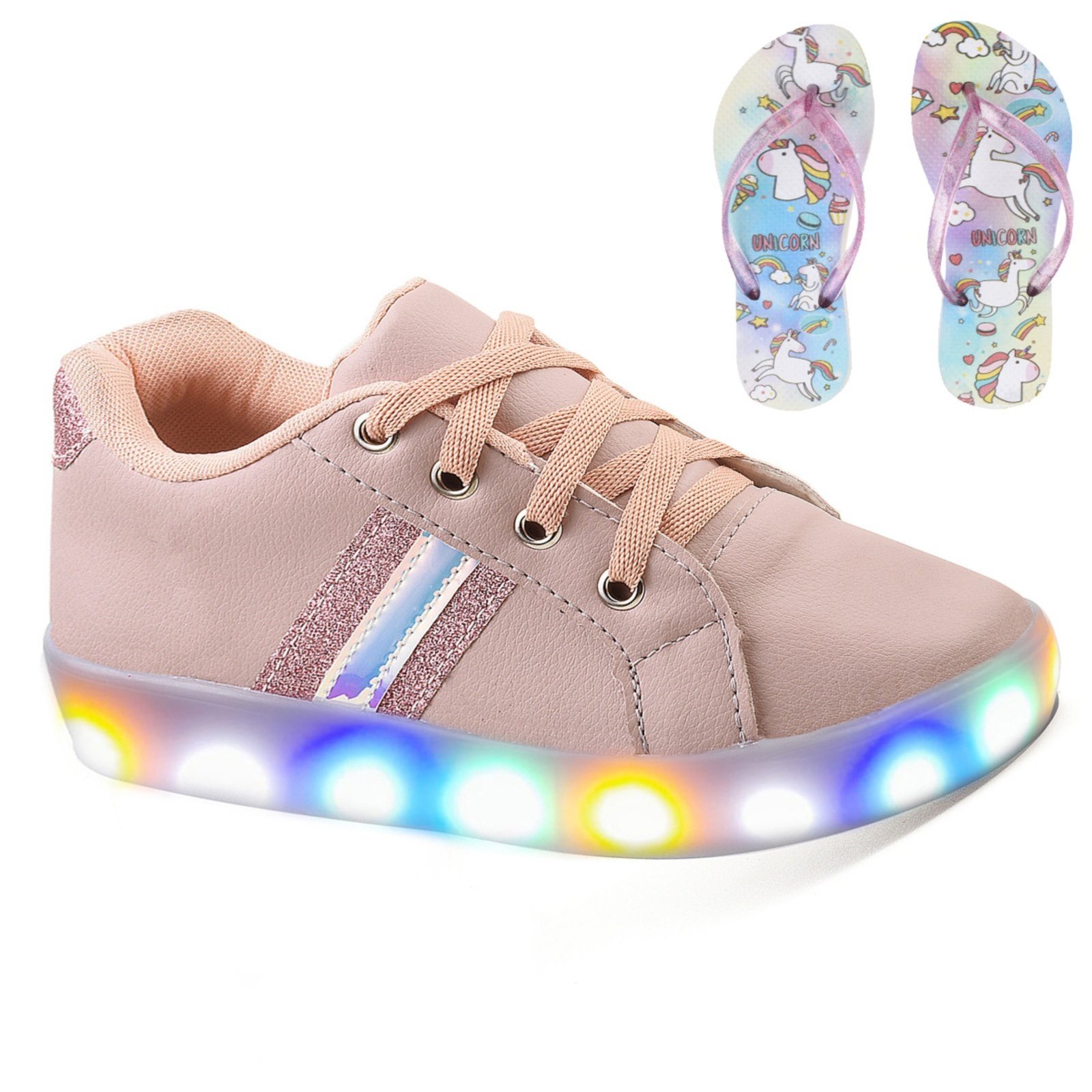 Infantil – Tenis de Led Casual Meninas Sapatenis Nude + Chinelo