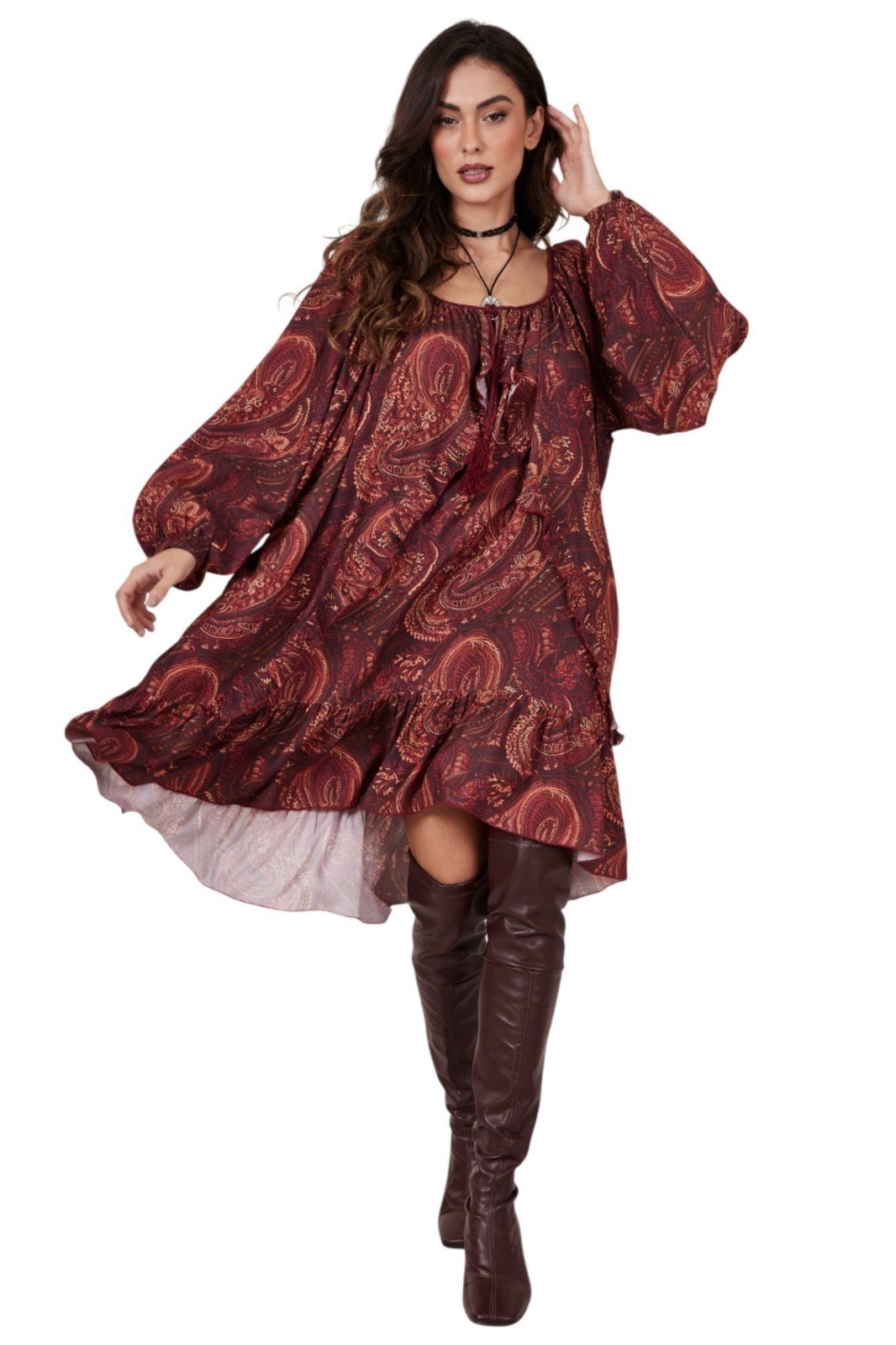 Vestido Curto Bordô Estampa Cashmere Yacamim D18 – Bordo