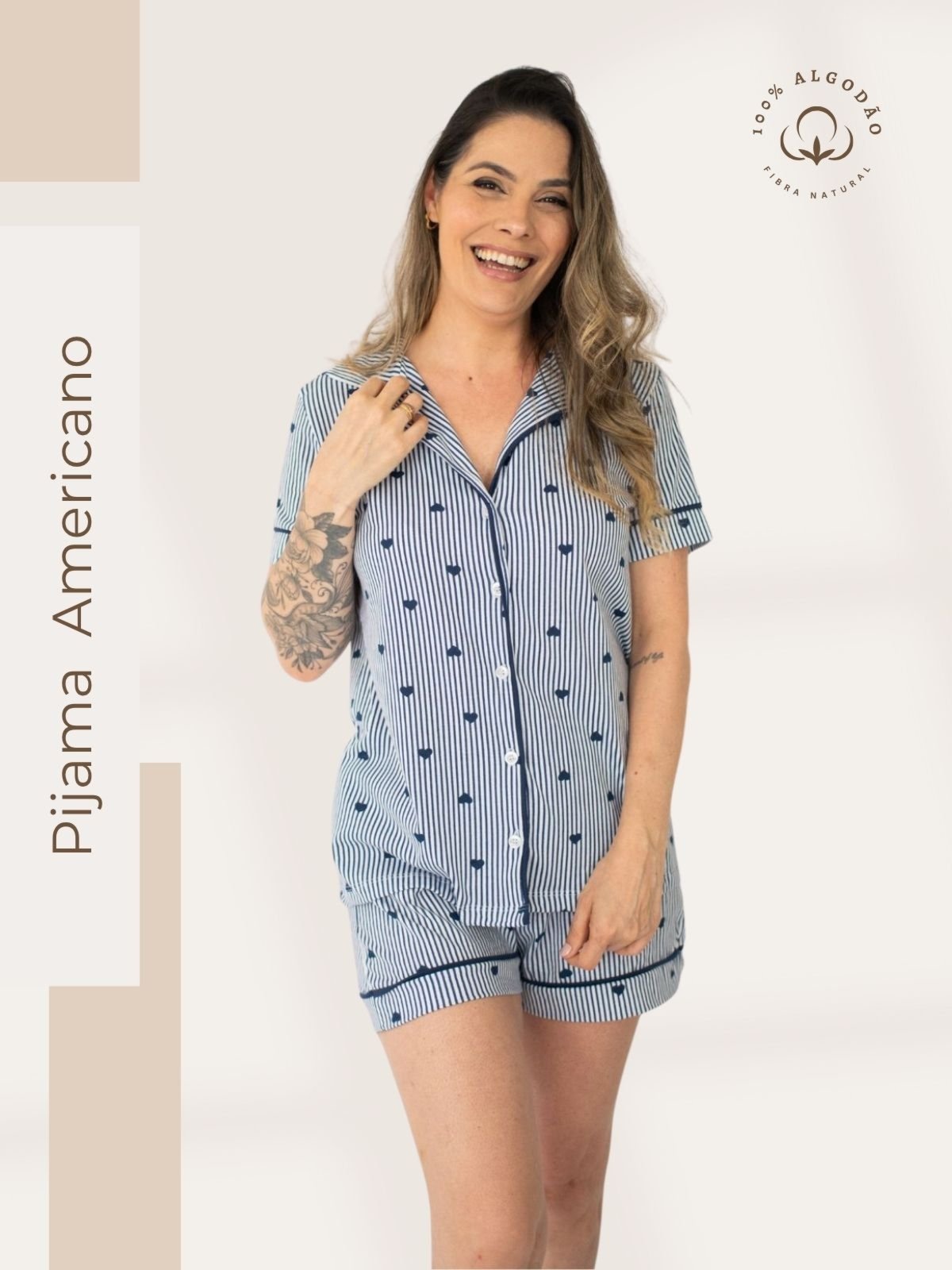 Pijama Americano Curto Algodão Flávia – Listrado Marinho Coração