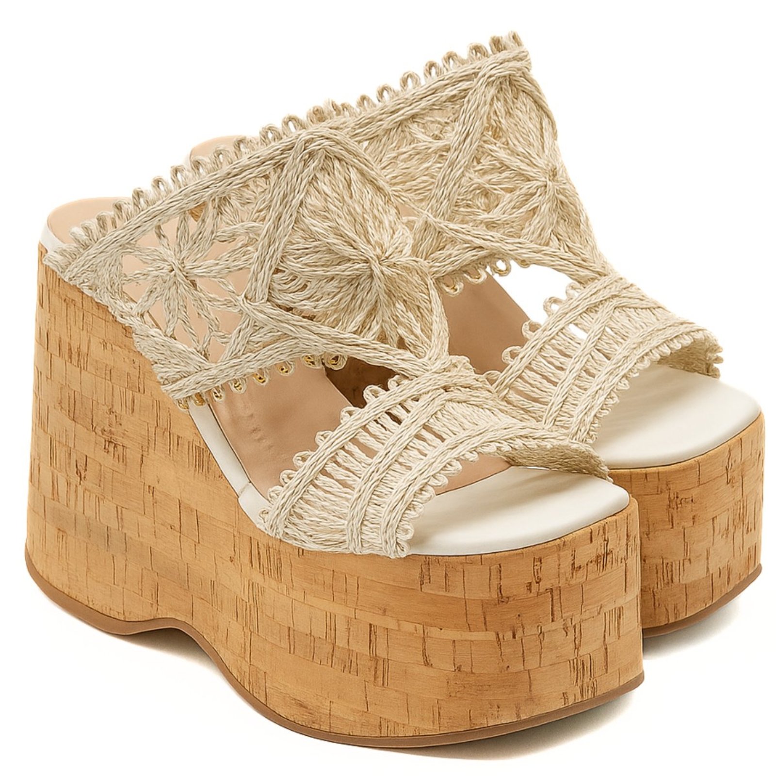 Tamanco Anabela Plataforma Off White Renda Natural 182177 Hannah Footwear