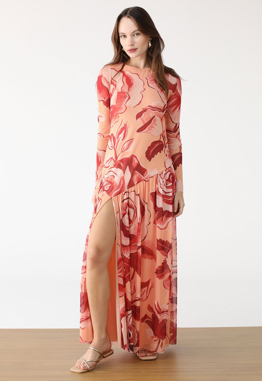 Vestido Tule FARM Longo Rosas Pintadas Coral Vestido Tule FARM Longo Rosas Pintadas Coral