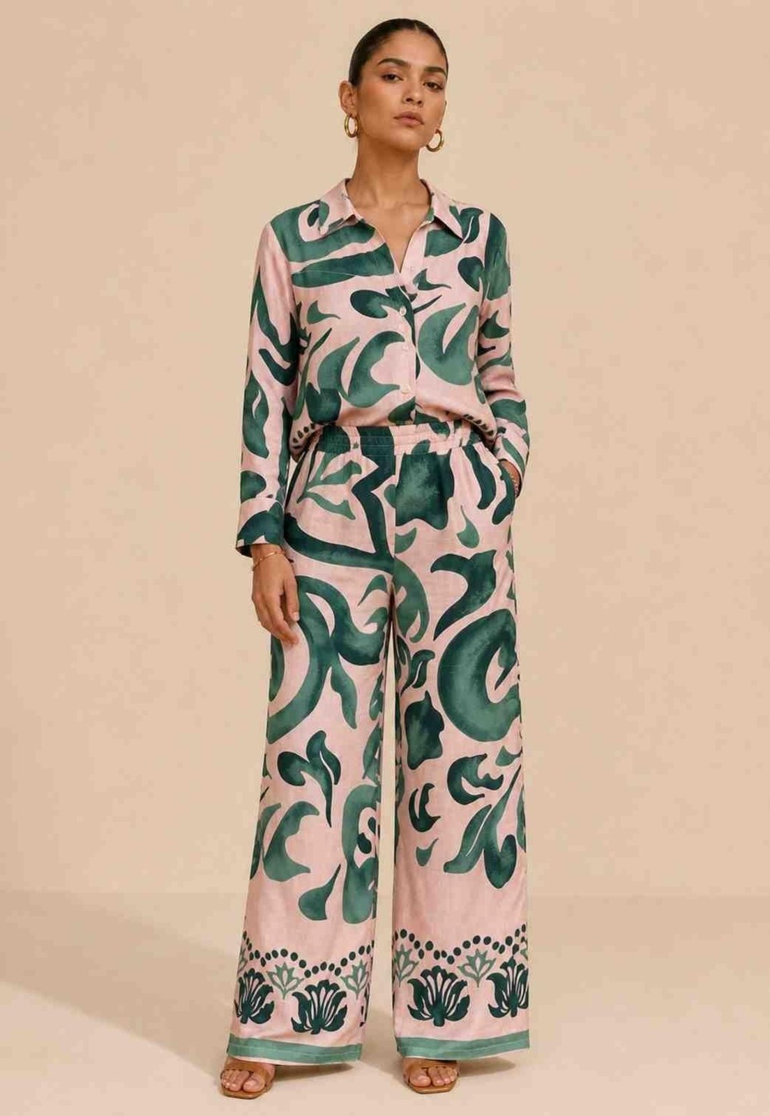 Calça Pantalona Estampada Ararca Verde