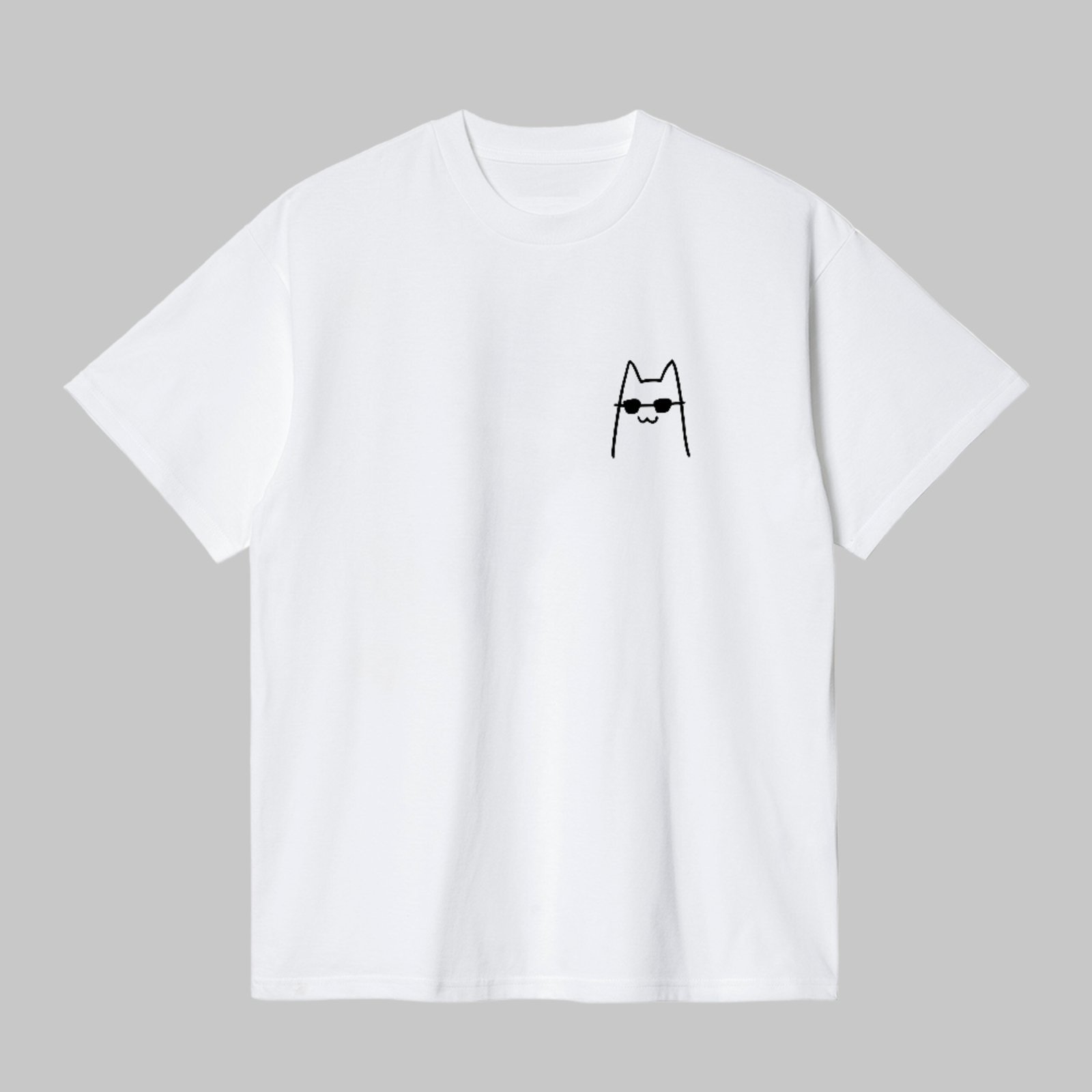 Camiseta Básica Gato Minimalista Óculos Estilo Clean Branco