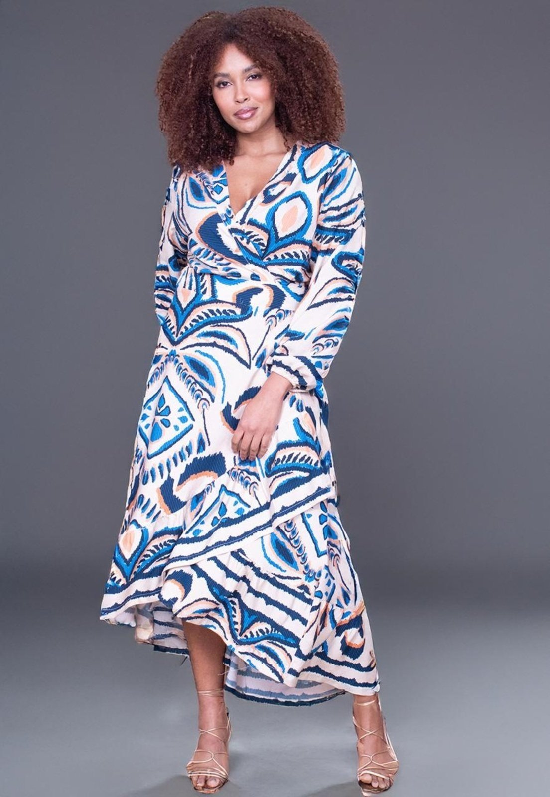 Vestido Cabanafree Longo Manga Longa Estampado Bege