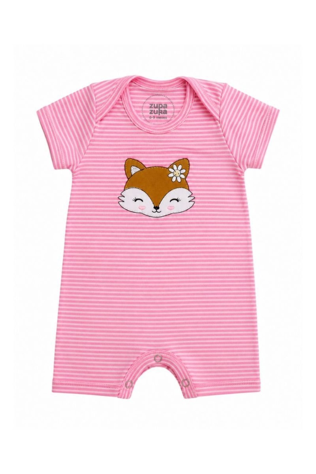 Infantil - Macacão Menina Zupa Zuka Manga Curta em Suedine Listrado com Bordado de Raposinha e Botões