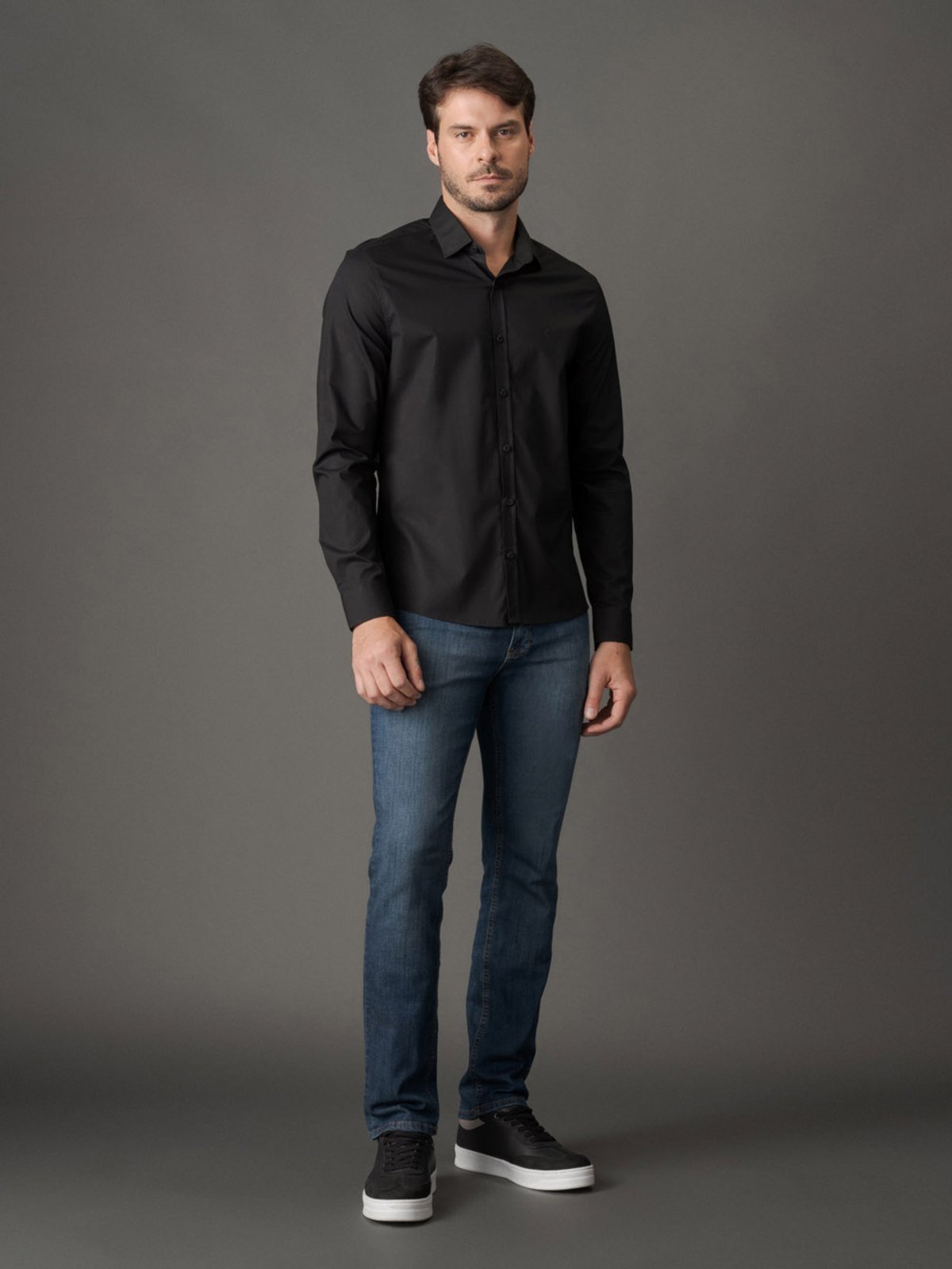 Camisa de Manga Longa Masculina Slim Estampa Assinatura Ck Bordada Calvin Klein - Preto CKS Premium Label