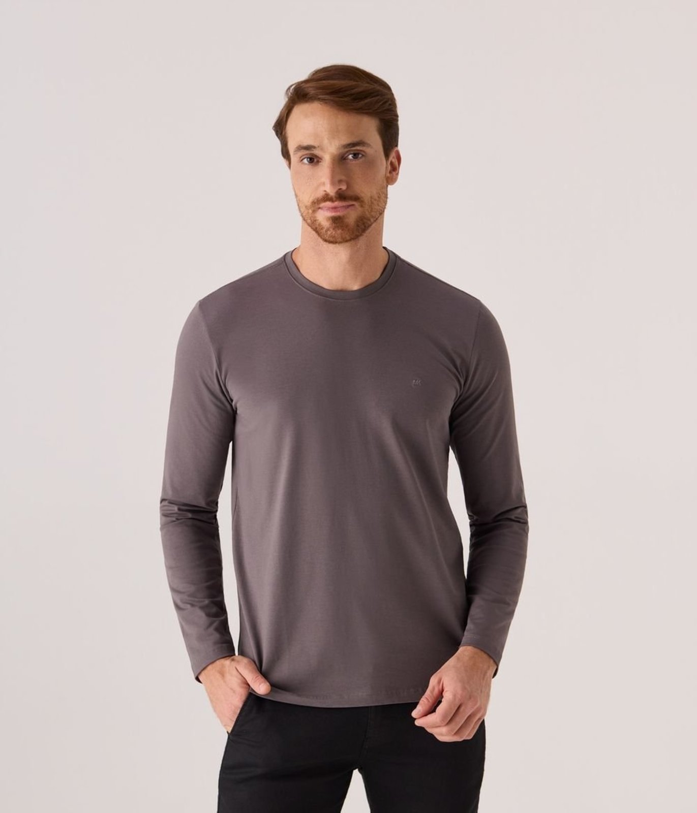 Camiseta Makenji Pima Manga Longa Gola Careca Masculina Cinza Chumbo