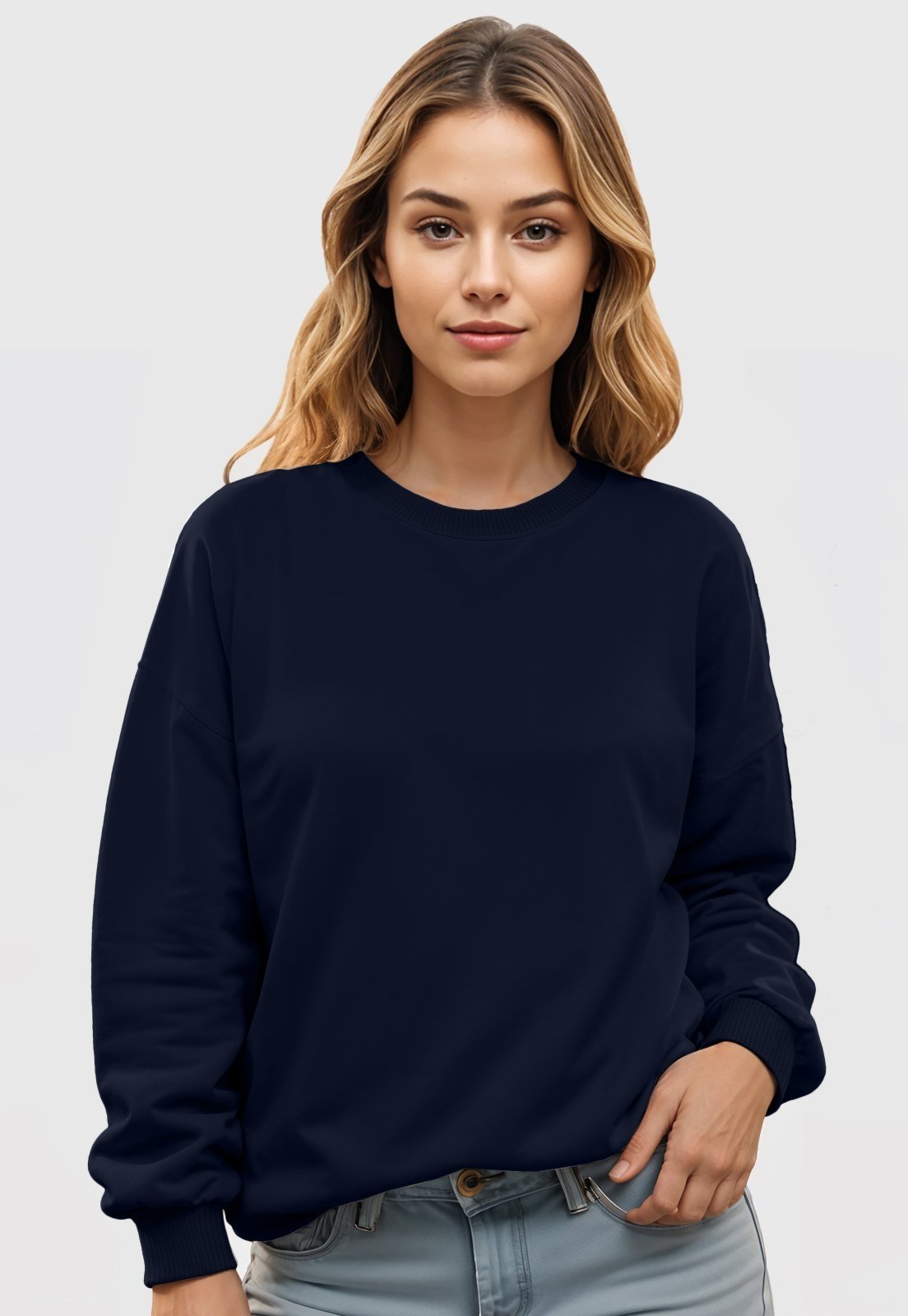 Vista 2 Blusa de Frio Moletom Feminino Flanelado Benellys Liso Gola Redonda Marinho azul marinho Benellys azul marinho