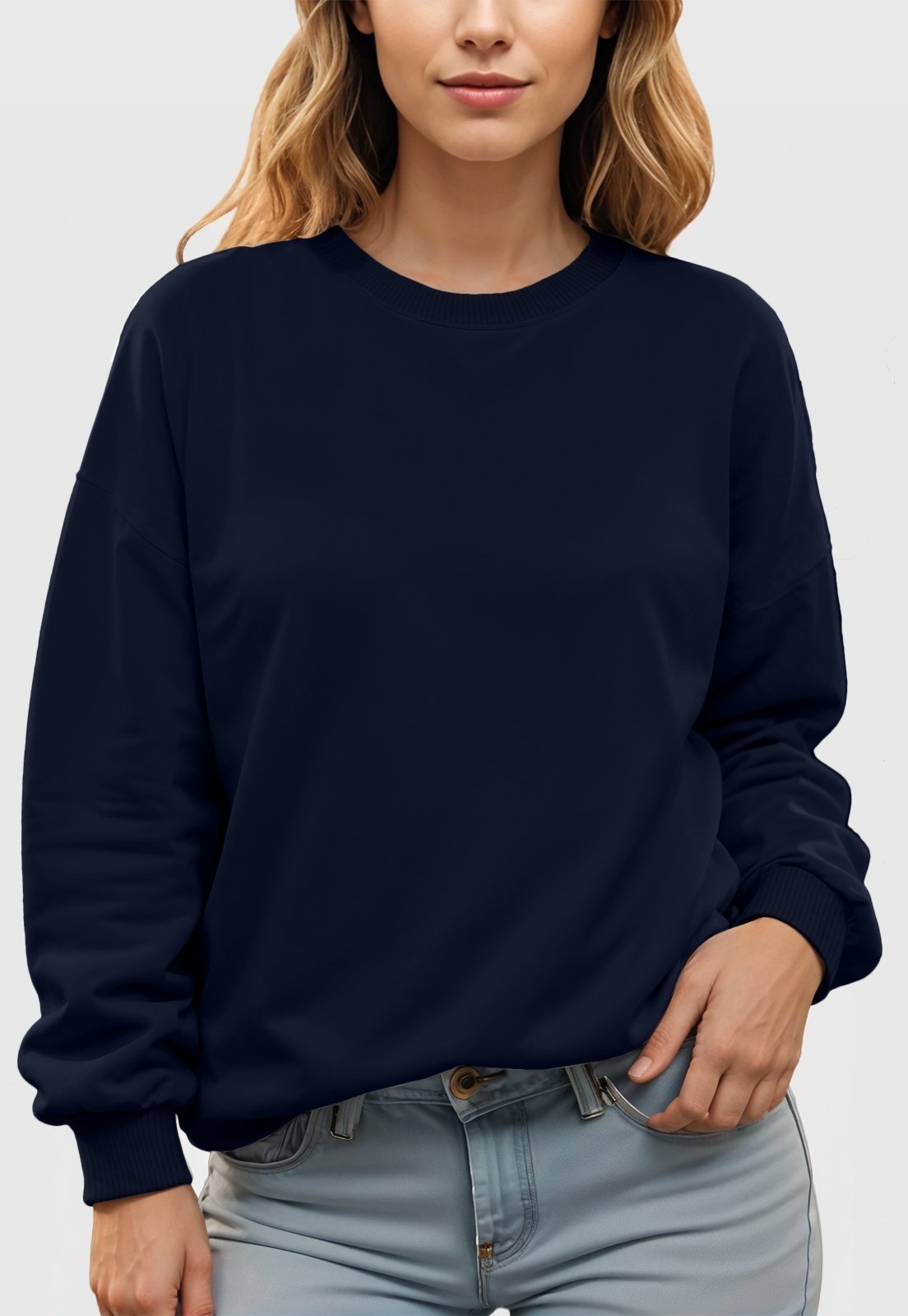 Vista 3 Blusa de Frio Moletom Feminino Flanelado Benellys Liso Gola Redonda Marinho azul marinho Benellys azul marinho