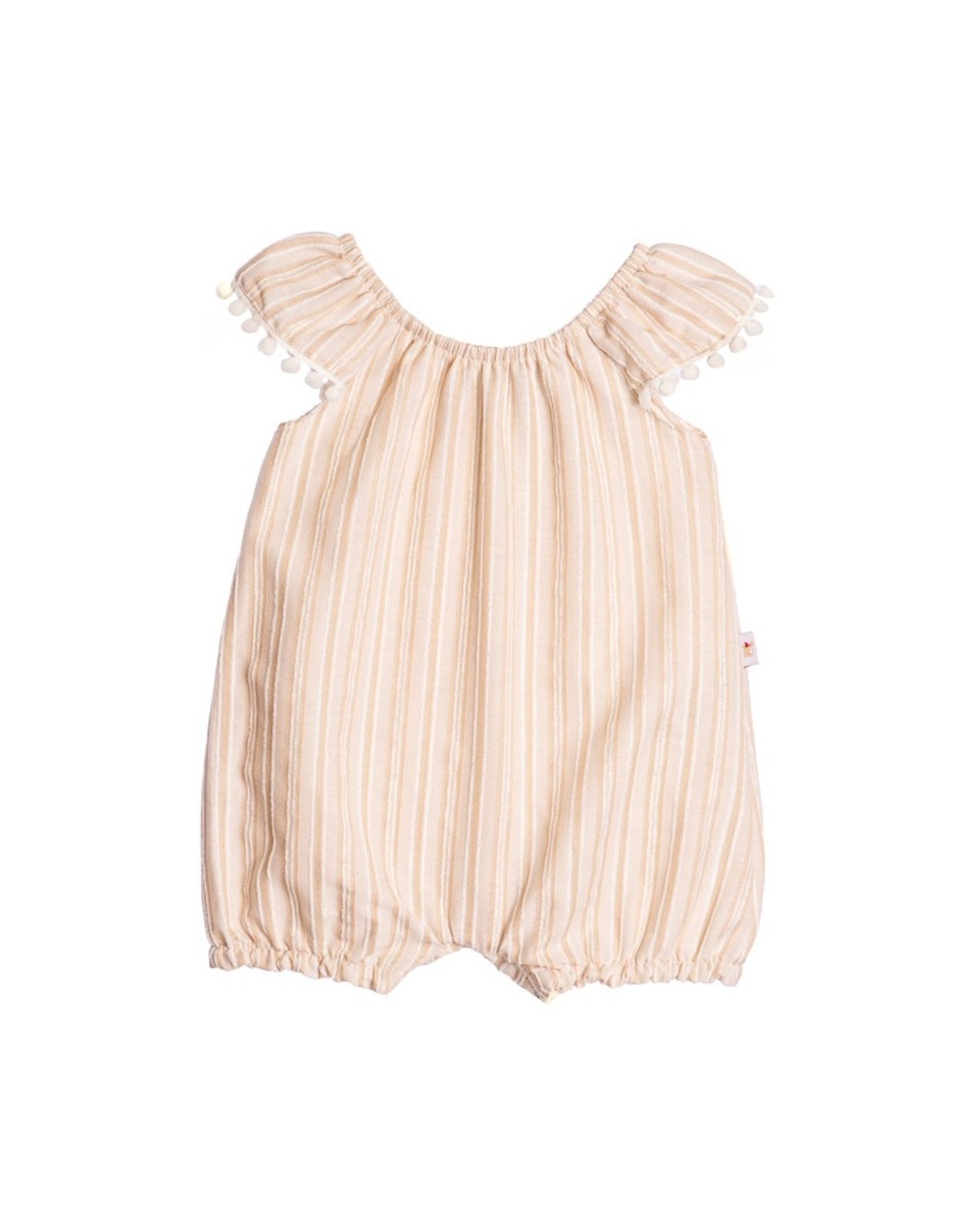 Infantil - Macacão curto tecido listrado fio tinto bege lurex dourado