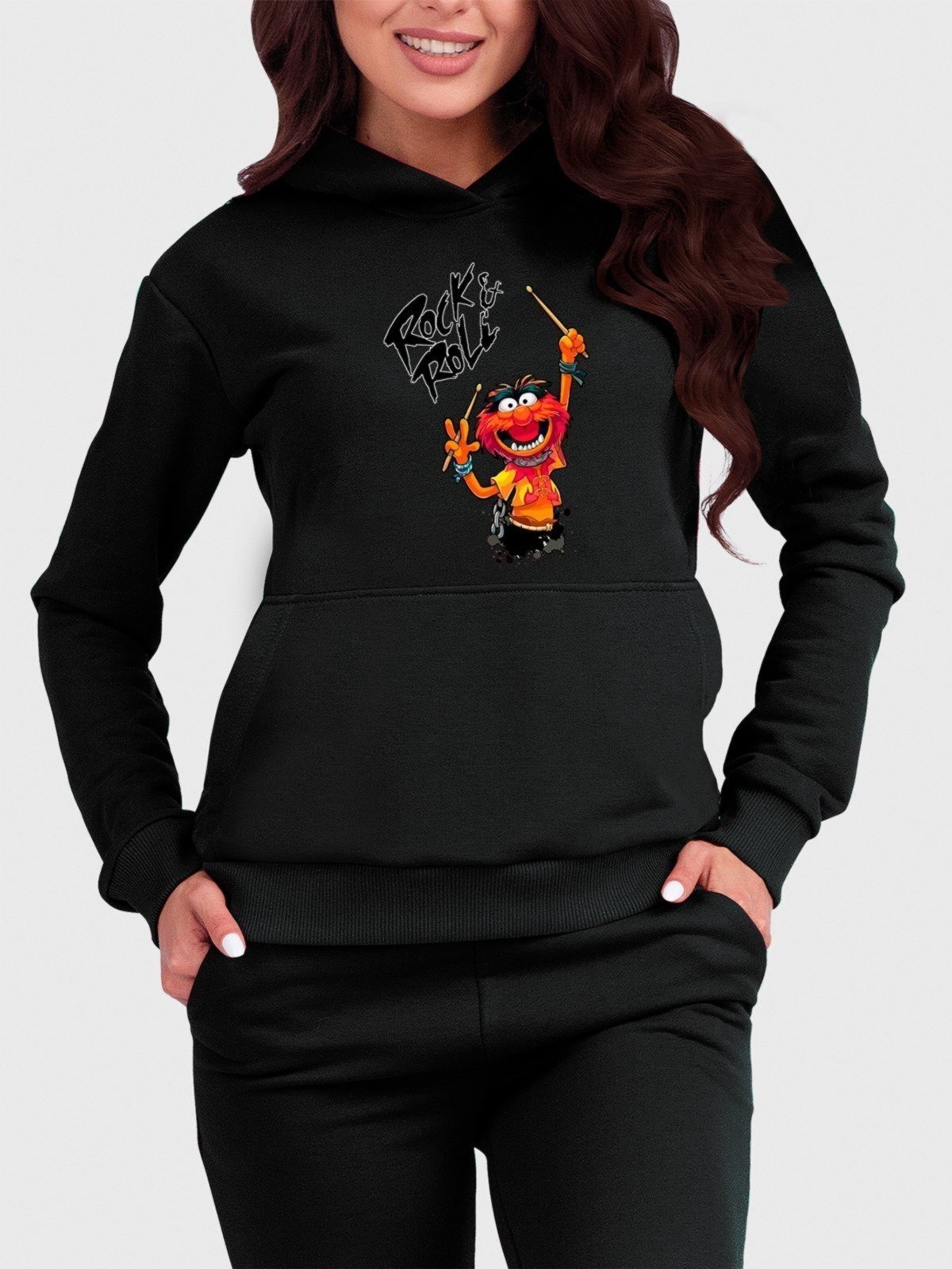 Vista 2 Moletom Canguru Feminino Flanelado com Capuz Rock Roll Divertido Benellys preto Benellys preto