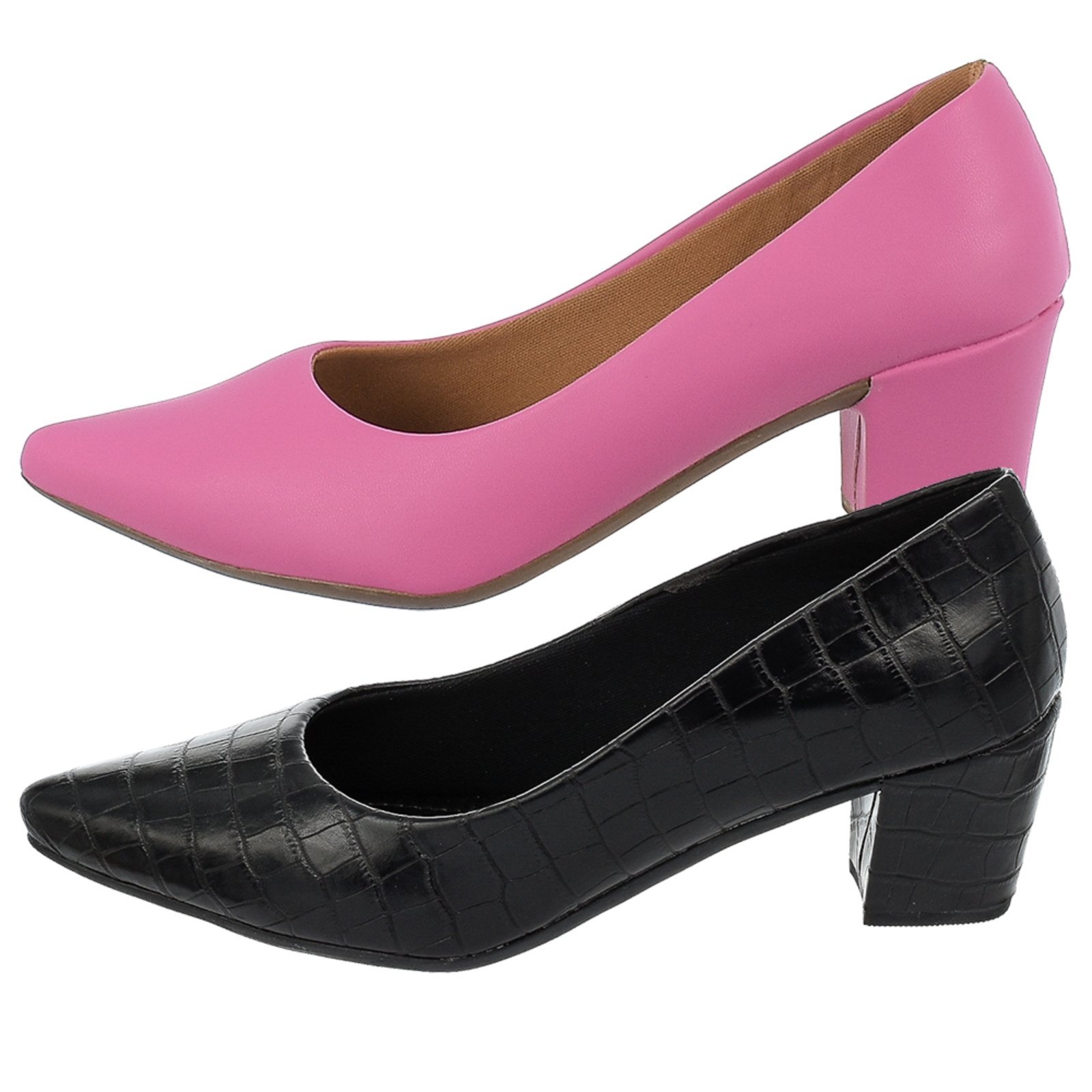 Kit 2 Pares Sapatos Scarpin Donatella Shoes Bico Fino Confort Preto Croco e Azaleia