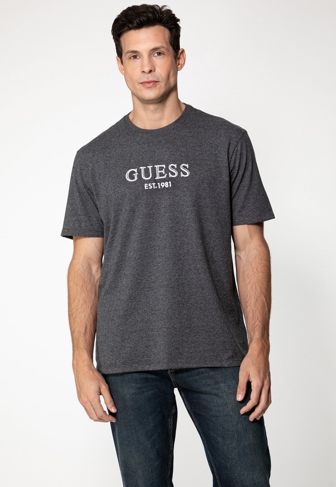 Camiseta Guess Bordado Bicolor Cinza Escuro