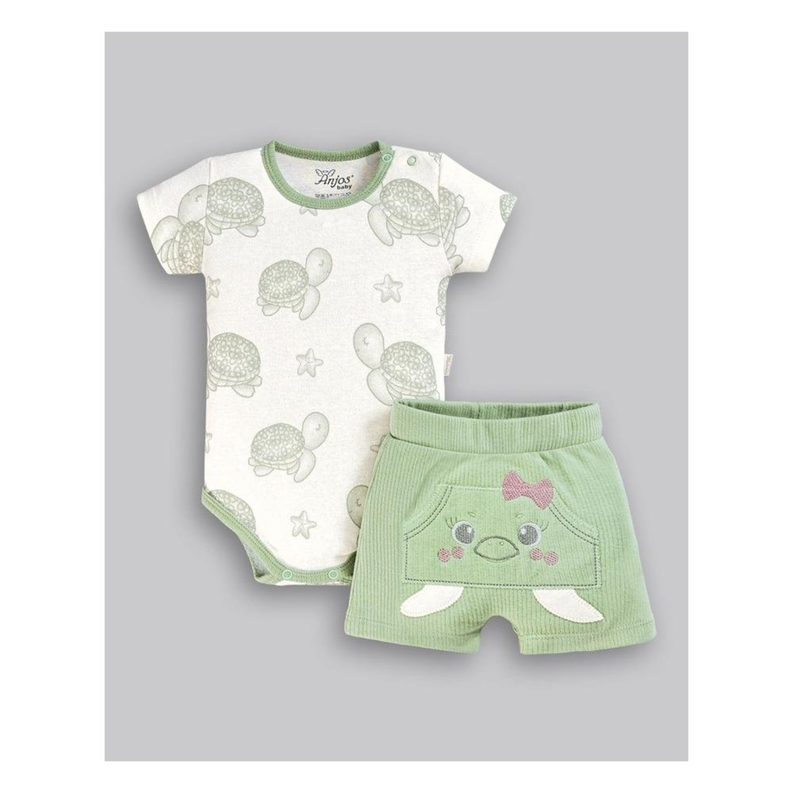 Infantil - Conjunto de Body Manga Curta Shorts Canelado Tartaruga Anjos Baby G Verde