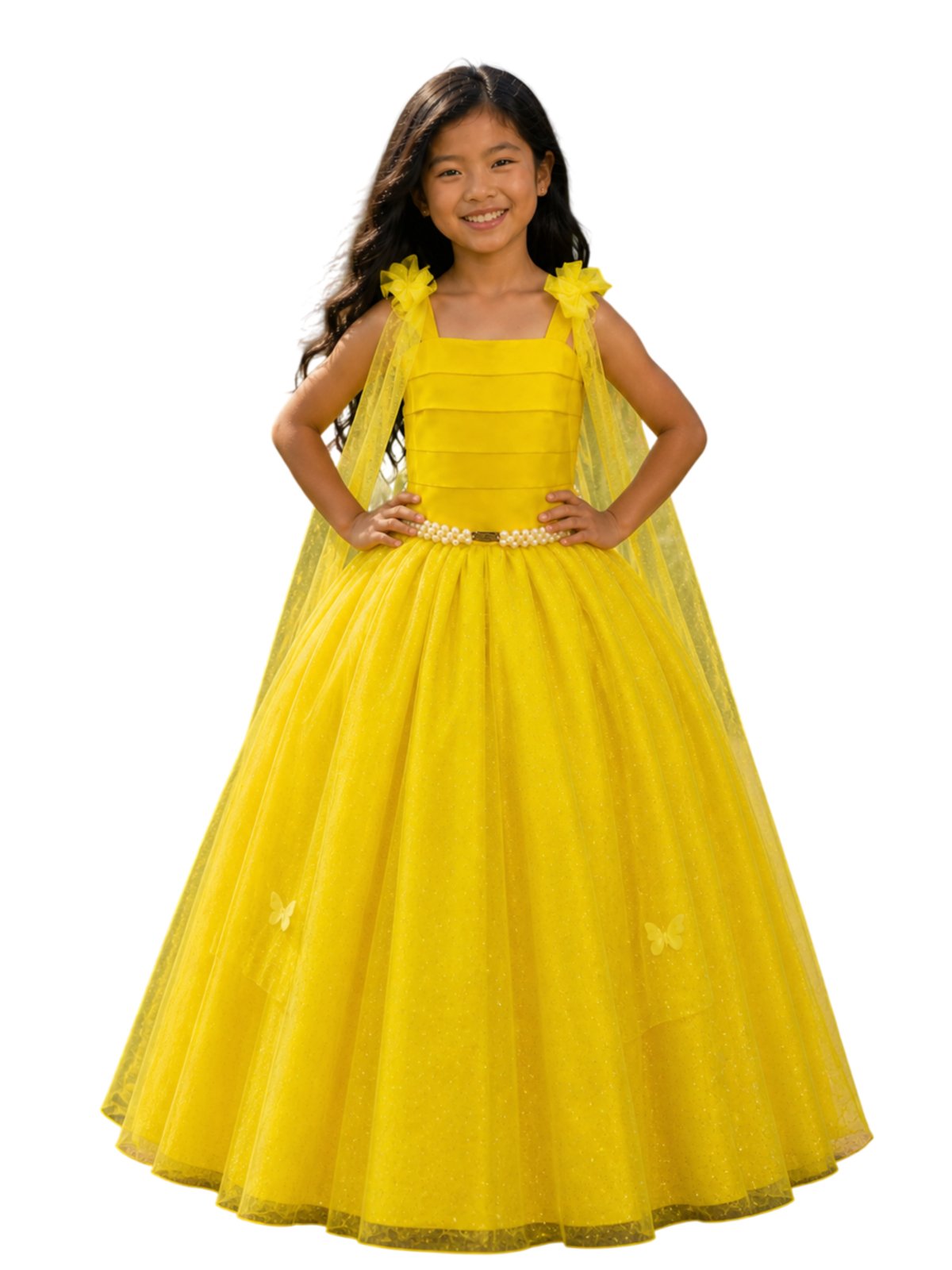 Infantil - Vestido Festa Longo Amarelo Formatura Casamento Dama Daminha Borboletas Social Menina Juvenil Pérolas Juvenil Princesa Rodado Florista Aniversário Luxo
