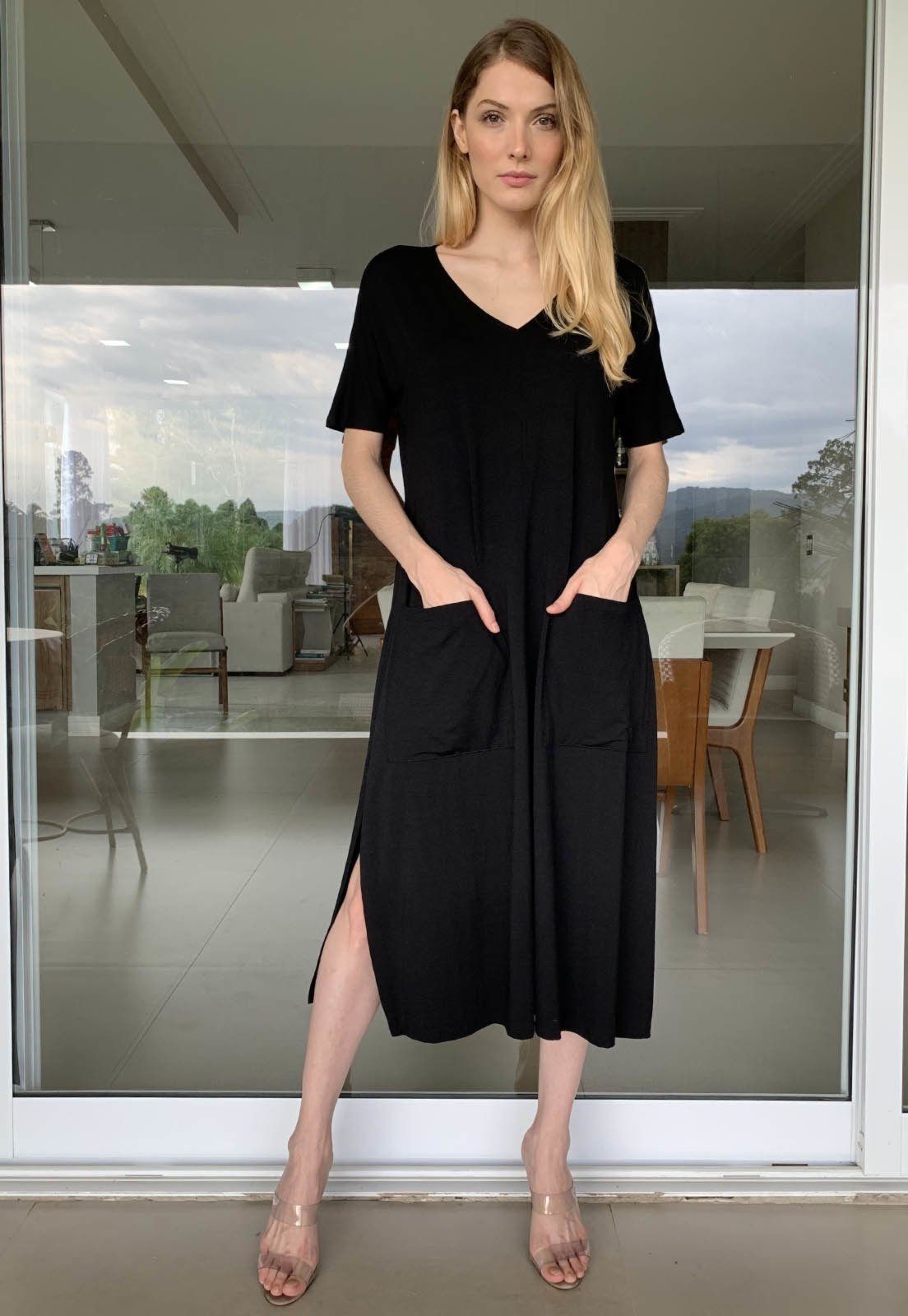 Vestido Midi Amazonia Vital Reto Malha com Bolso na Frente Preto