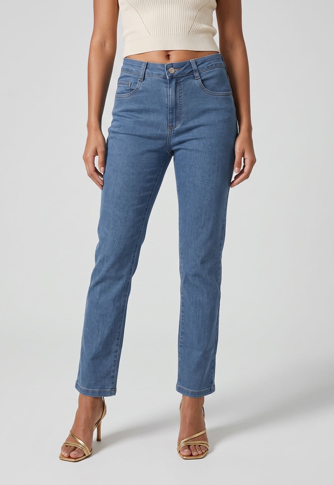 Calça Jeans Feminina Sawary Cintura Média Reta Azul