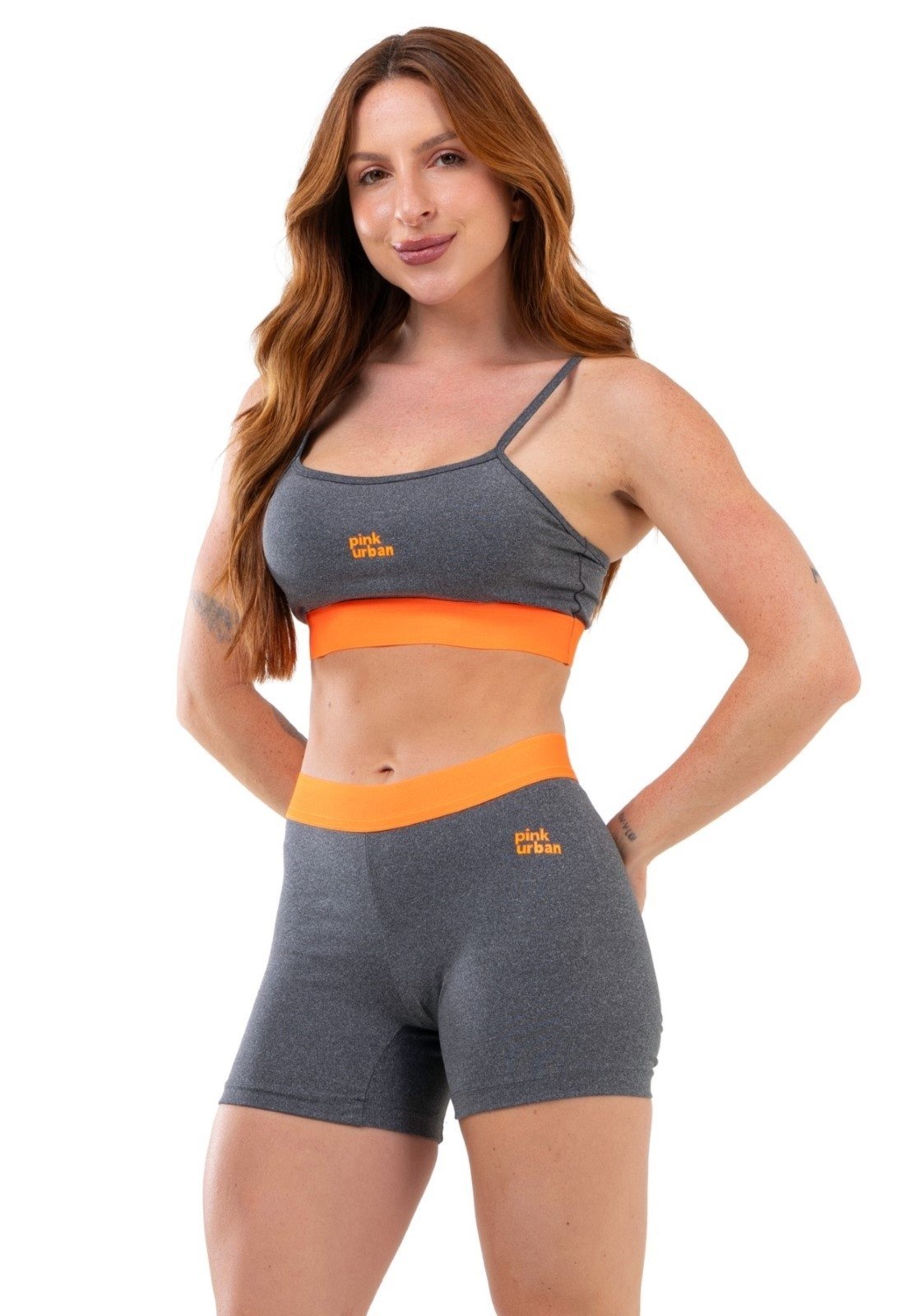 Conjunto Academia Top e Short Cintura Alta Fitness Pink Urban Neon Feminino – Cinza C/ Laranja