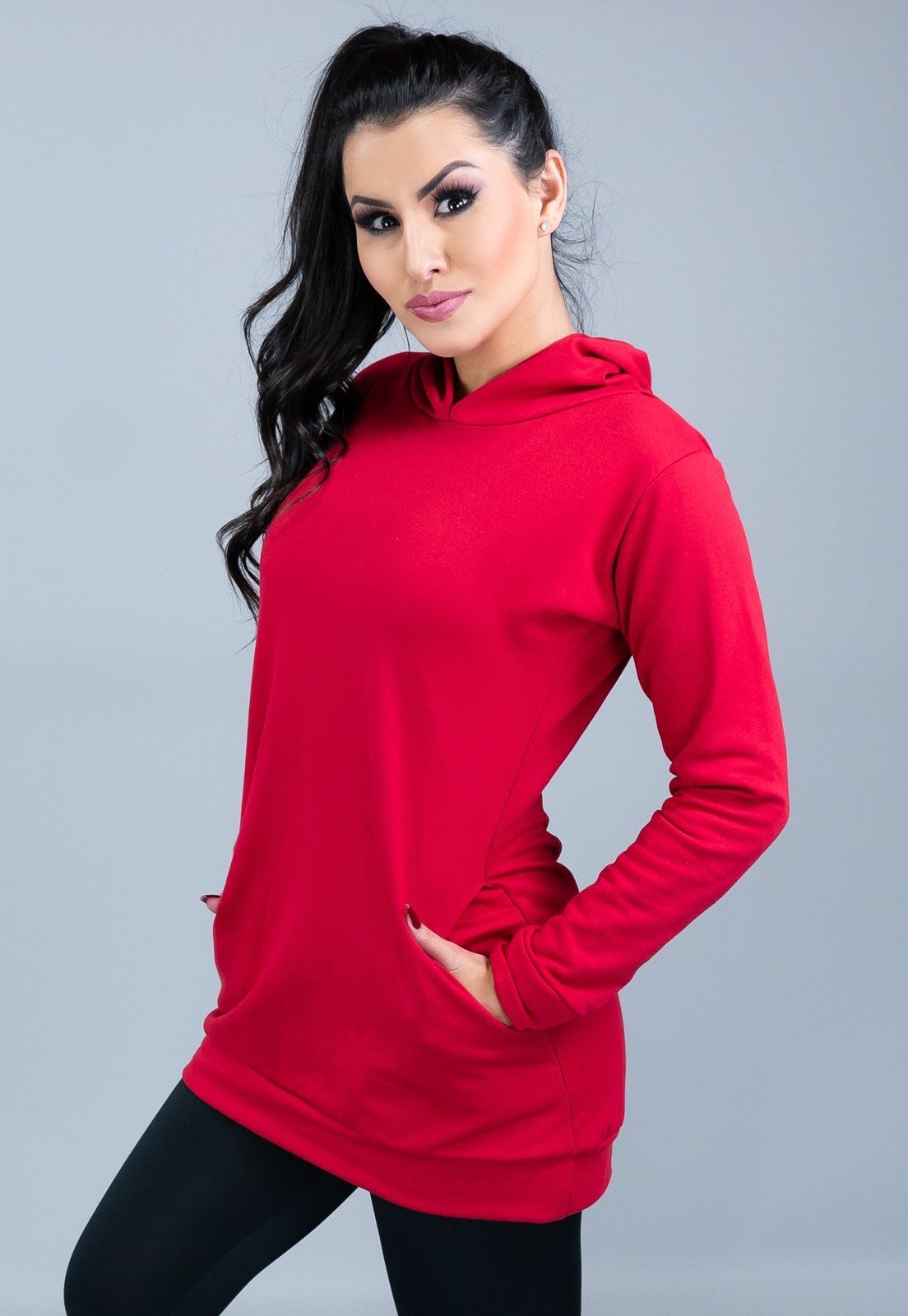 Casaco MVB Modas Moletom Flanelado Capuz Vermelho