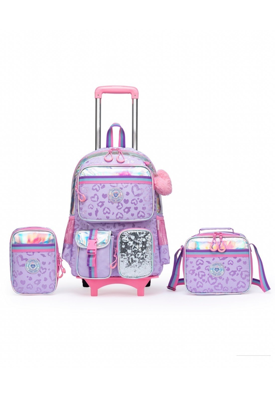 Infantil - Kit Mochila De Rodinhas Reforçada Com Estojo e Lancheira Menina