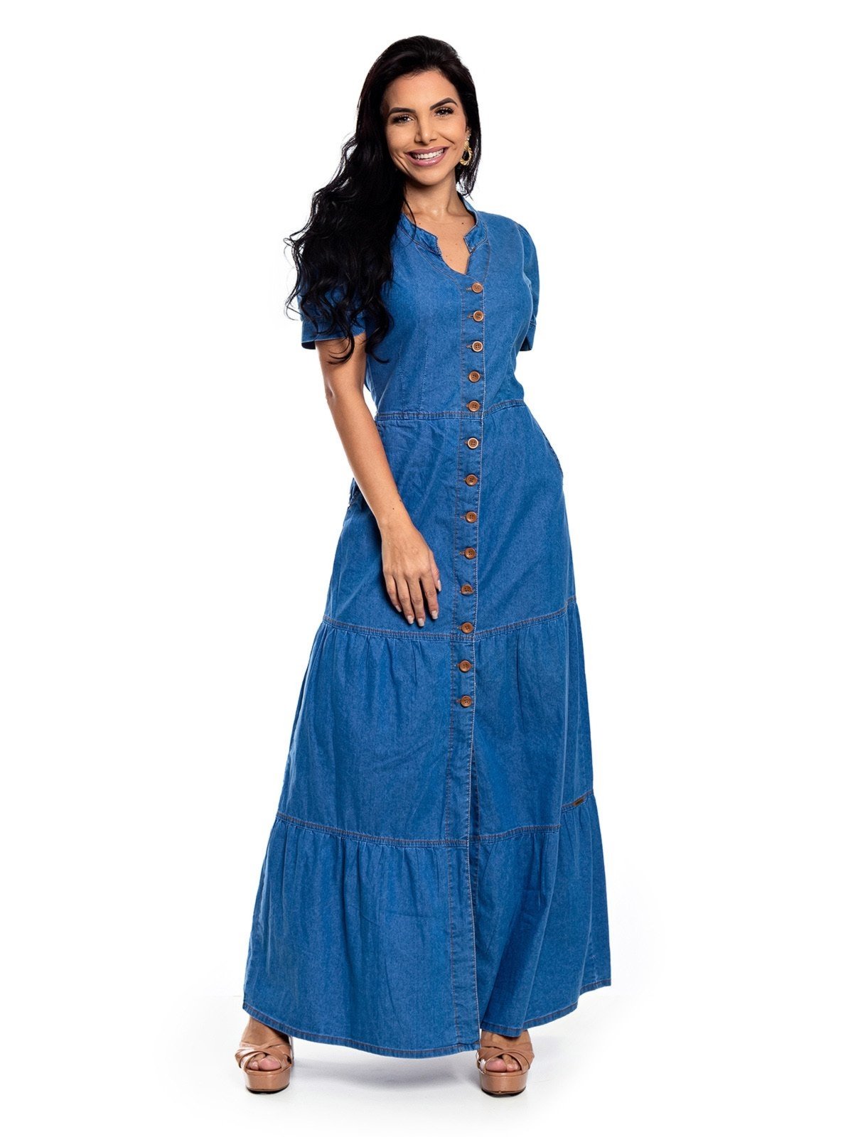 Vestido Longo Restrito Jeans Com Manga e Botões – Azul Médio