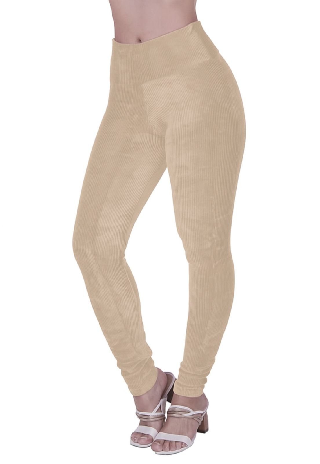 Calça de Veludo Legging Cotelê Cintura Alta Térmica Feminino Terra e Mar Modas Bege