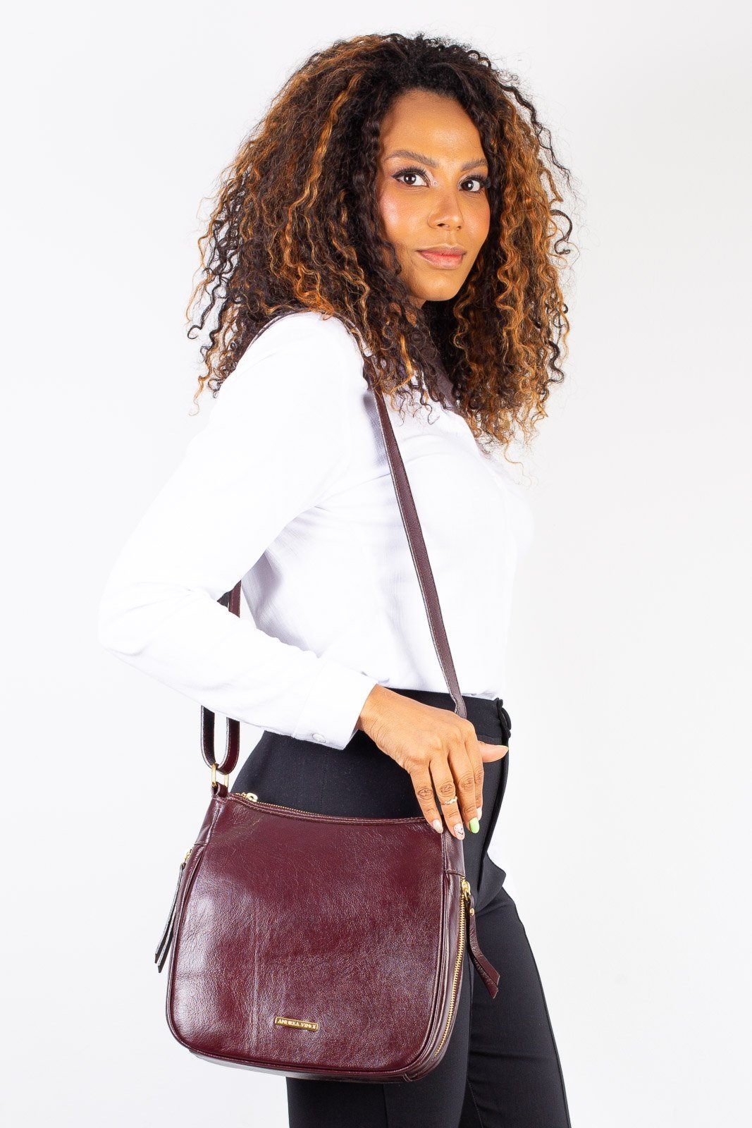Bolsa tiracolo de couro liso Camila - Marsala