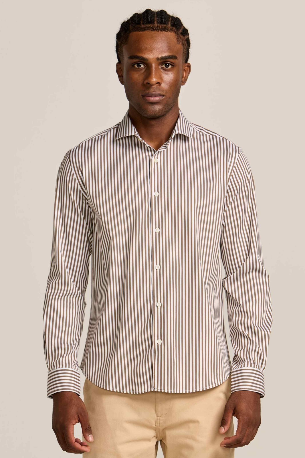 Camisa Tricoline Premium Listras Branco E Marrom Zapälla Branco