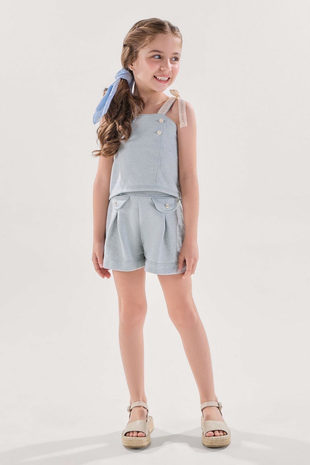 Infantil - Conjunto Blusa com Renda e Shorts Social Linho Aqua