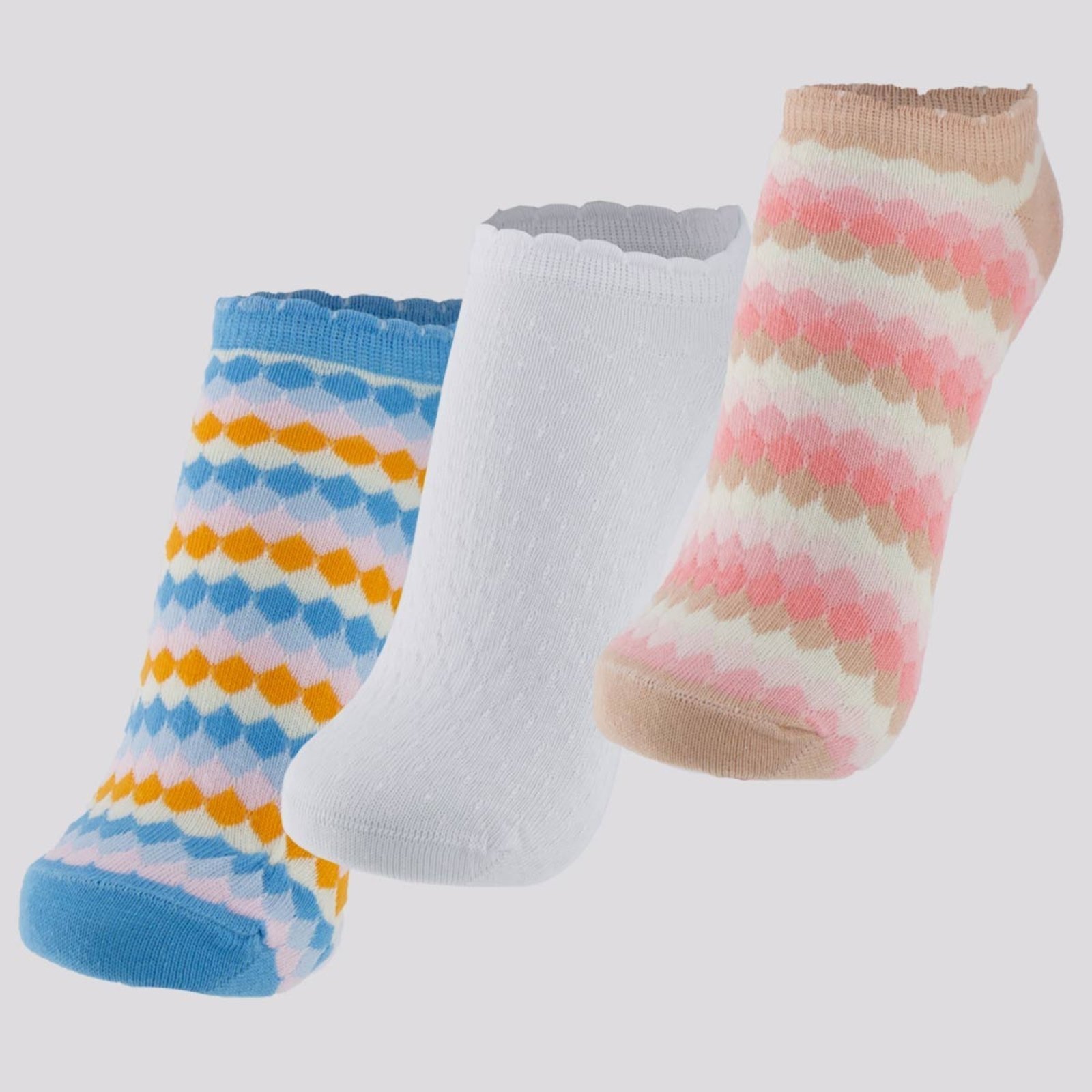 Vista 2 Kit Meia Selene 3 Pares Cano Curto Feminino Branca e Azul rosa SELENE rosa