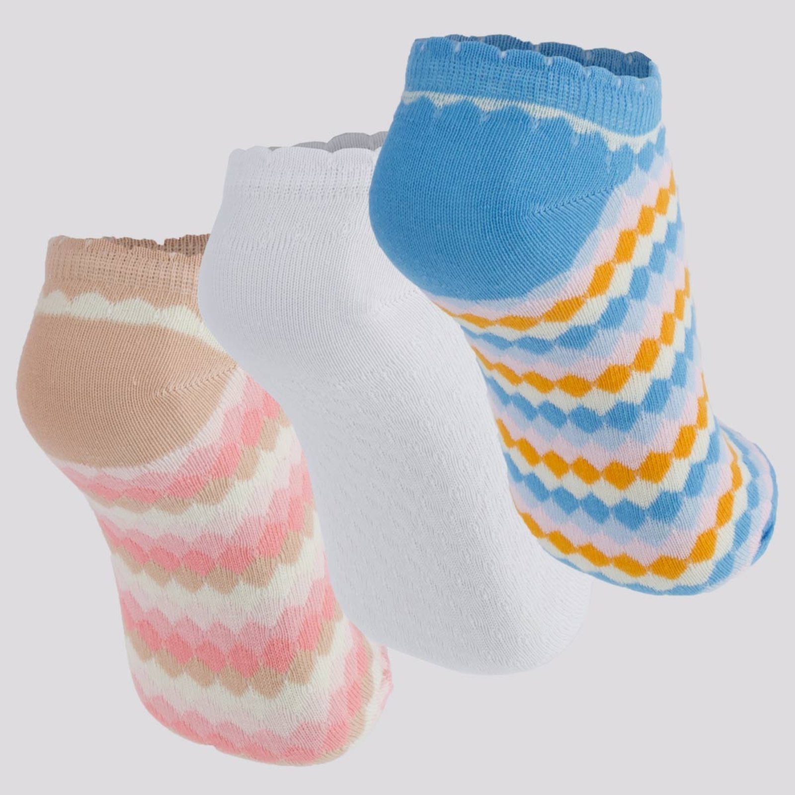 Vista 3 Kit Meia Selene 3 Pares Cano Curto Feminino Branca e Azul rosa SELENE rosa