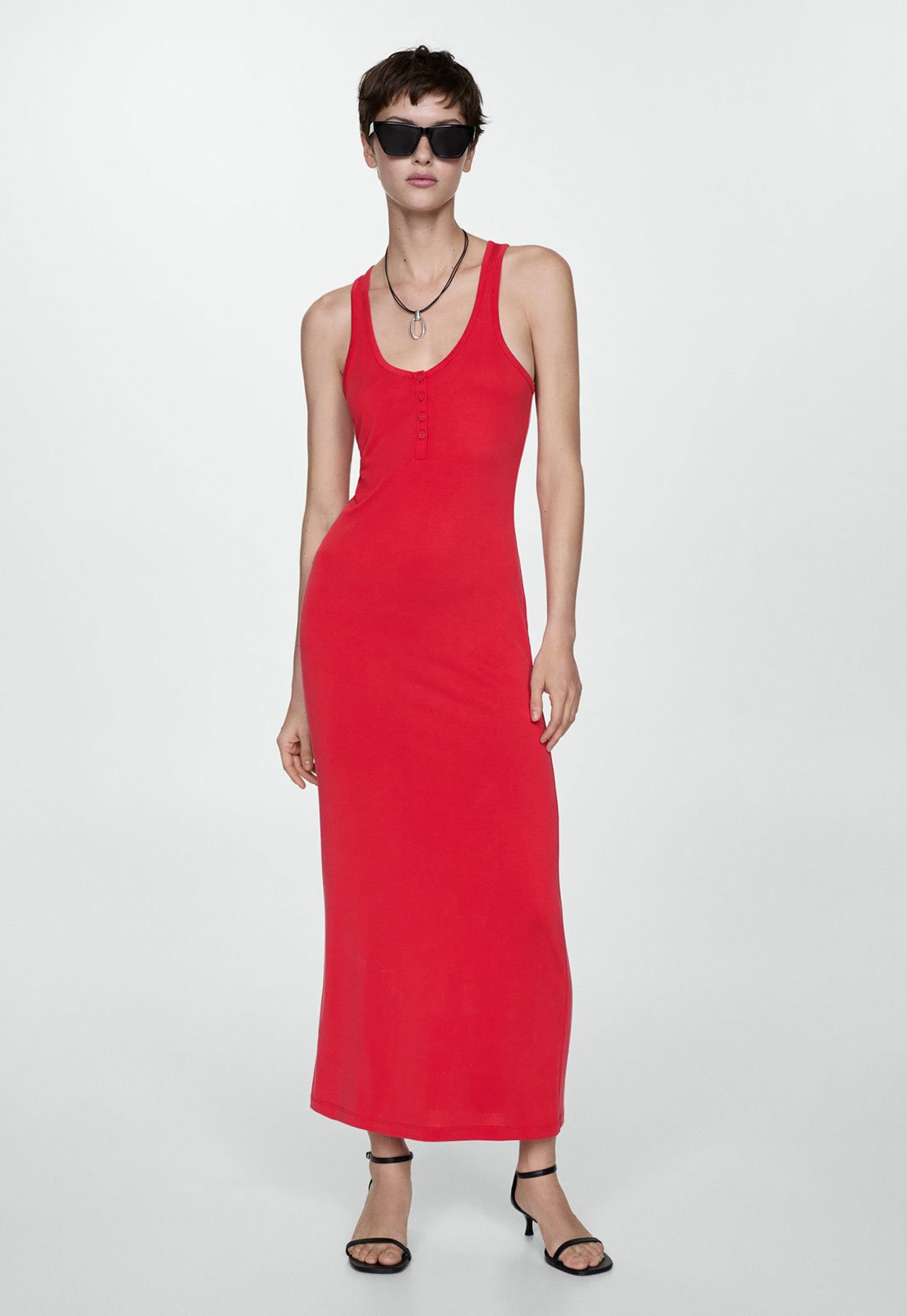 Vestido Mango Midi Malha de Alça Vermelho