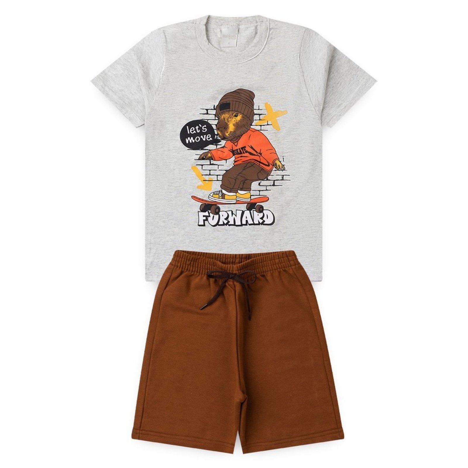 Infantil - Conjunto Verão Menino Mescla Camiseta e Bermuda Capivara Skatista
