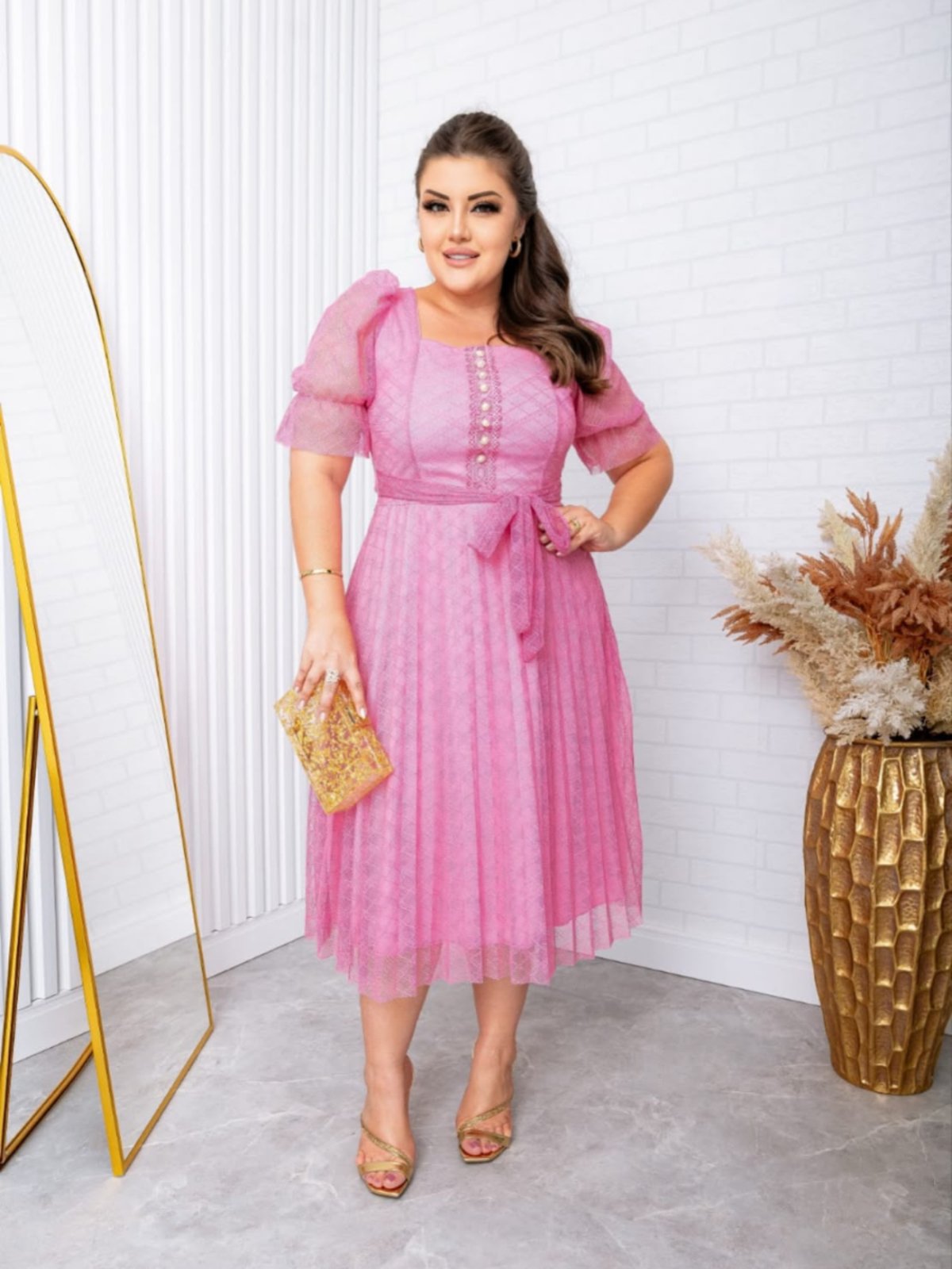 Vestido Midi de Festa Tule Poa Manga Princesa Bufante Modesto Casamento Civil Madrinha Rosa