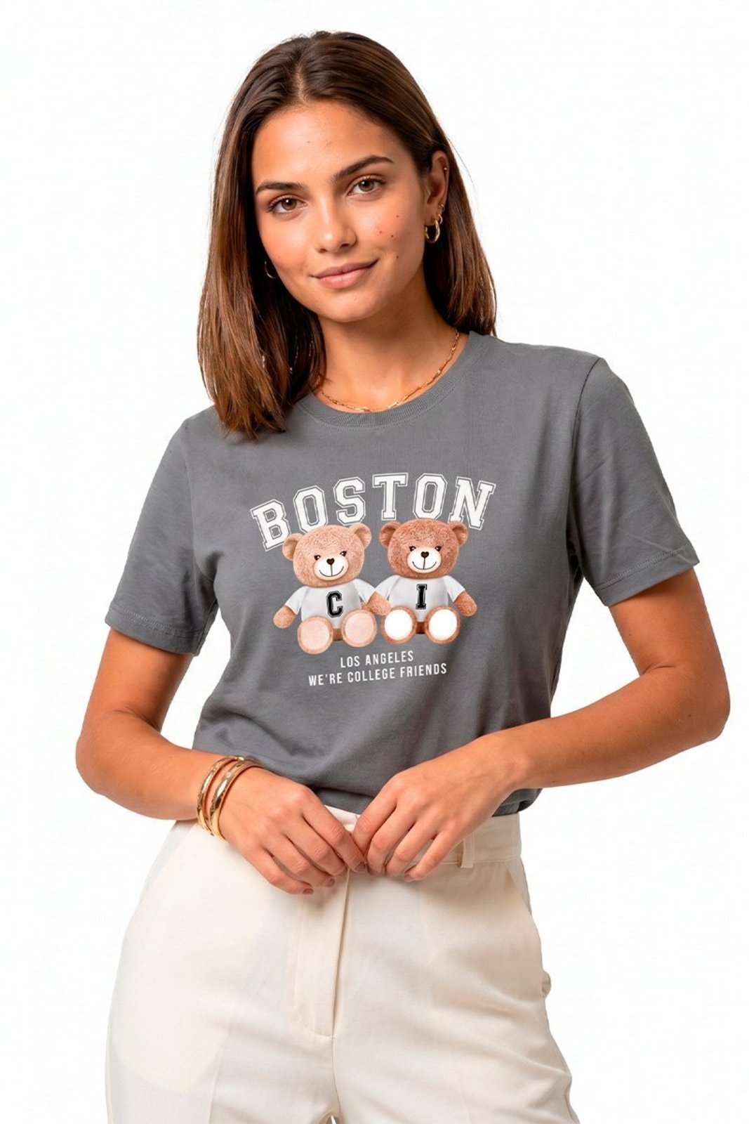T-shirt Feminina Cianitas Chumbo Estampa Ursos Boston