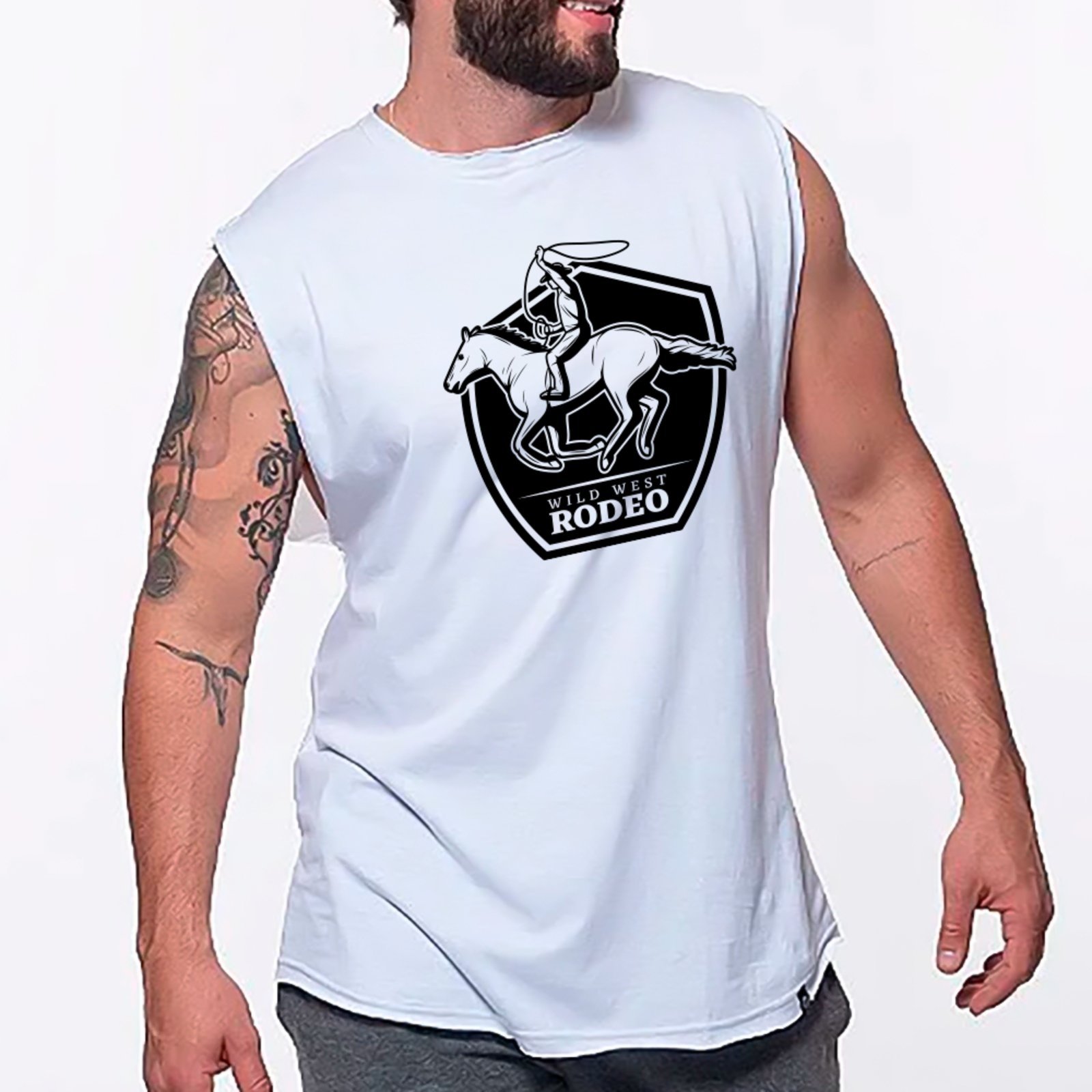 Camiseta Regata Machão Country Wild West Rodeo Visual Exclusivo Masculina Branco
