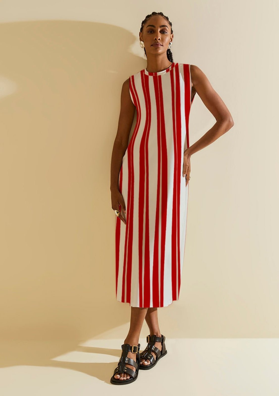 Vestido Morena Rosa Solto Decote Careca Sem Manga Midi Bege