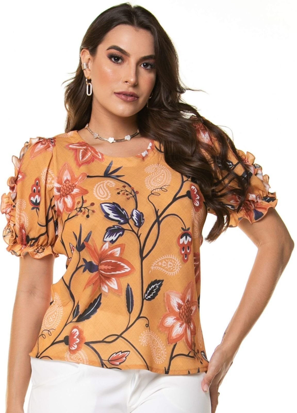 BLUSA ESTAMPADA COM MANGA FRANZIDA Fundo Laranja