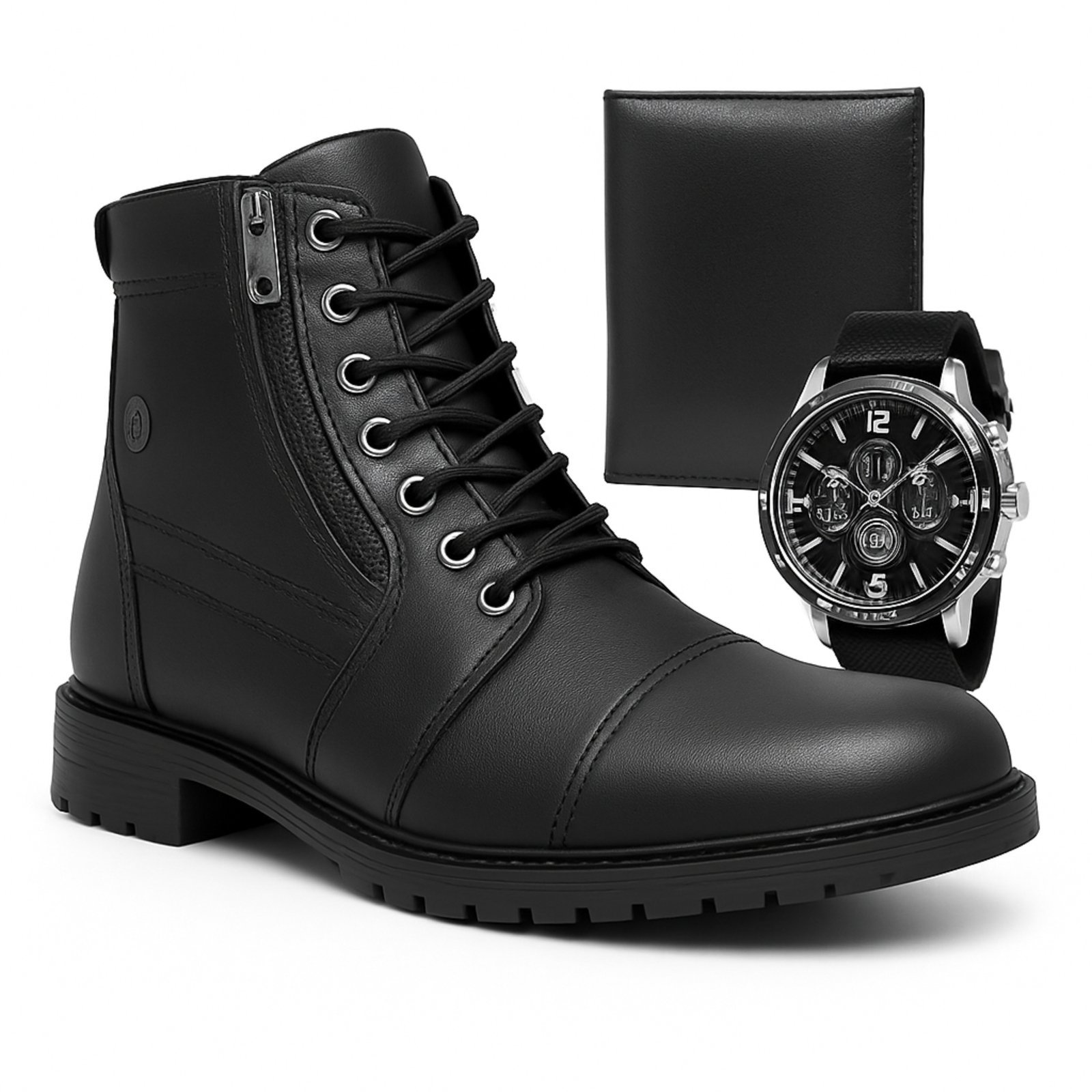Coturno Masculino Sapatofran Cano Curto com Zíper com Relógio e Carteira Kit Preto