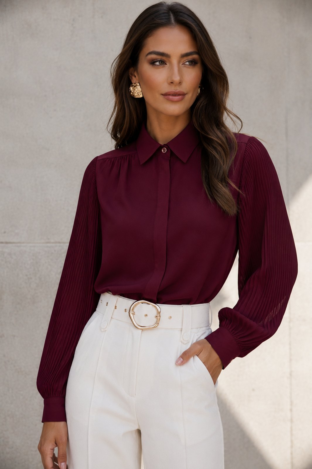 Camisa MOS Feminina de Crepe com Manga Bufante Plissada Vinho Marsala Bordô – Mariana Olympio