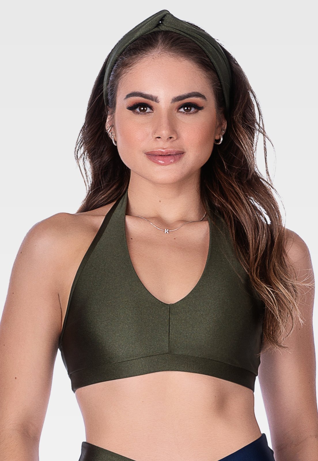Top Fitness Frente Única com Decote Estiloso e Bojo RemovÍvel Summer Soul Verde Militar