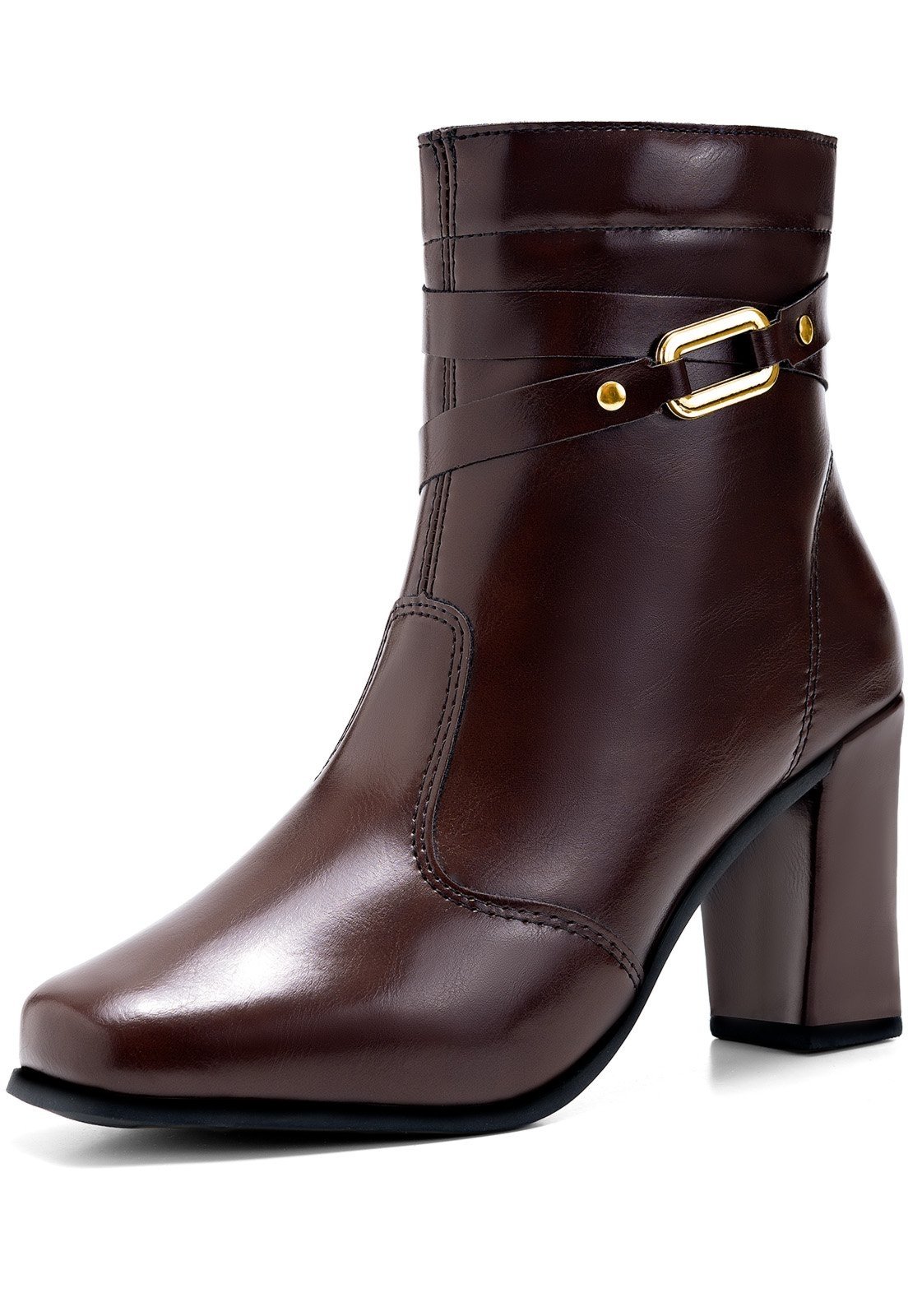 Bota Feminina Lumiss Cano Curto Salto Alto Bloco Bico Quadrado Passante Fivela Metálica Marrom