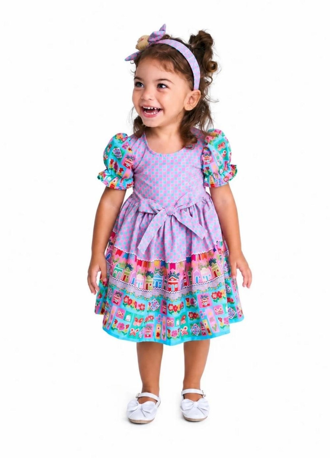 Infantil - Vestido e Calcinha Xadrez Festa Junina Alphabeto Rosa