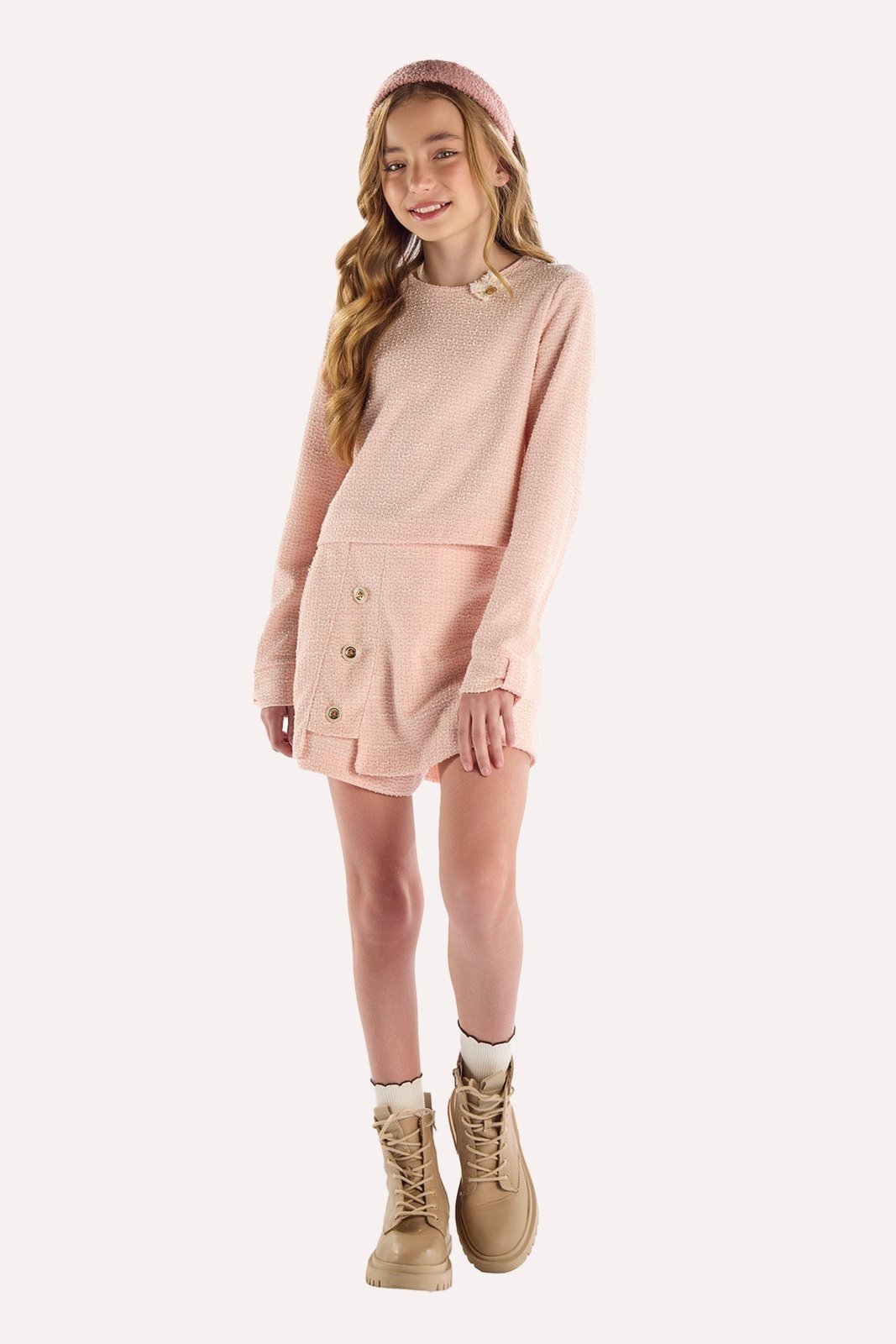 Infantil - Conjunto Rosa Blusa e Shorts Saia em Malha Tweed