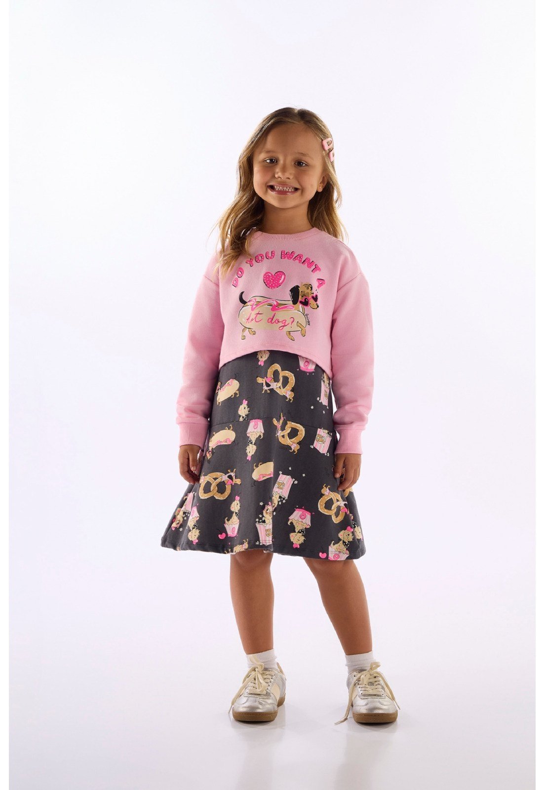 Infantil - Conjunto Hot Dog Blusão e Vestido Quimby Rosa