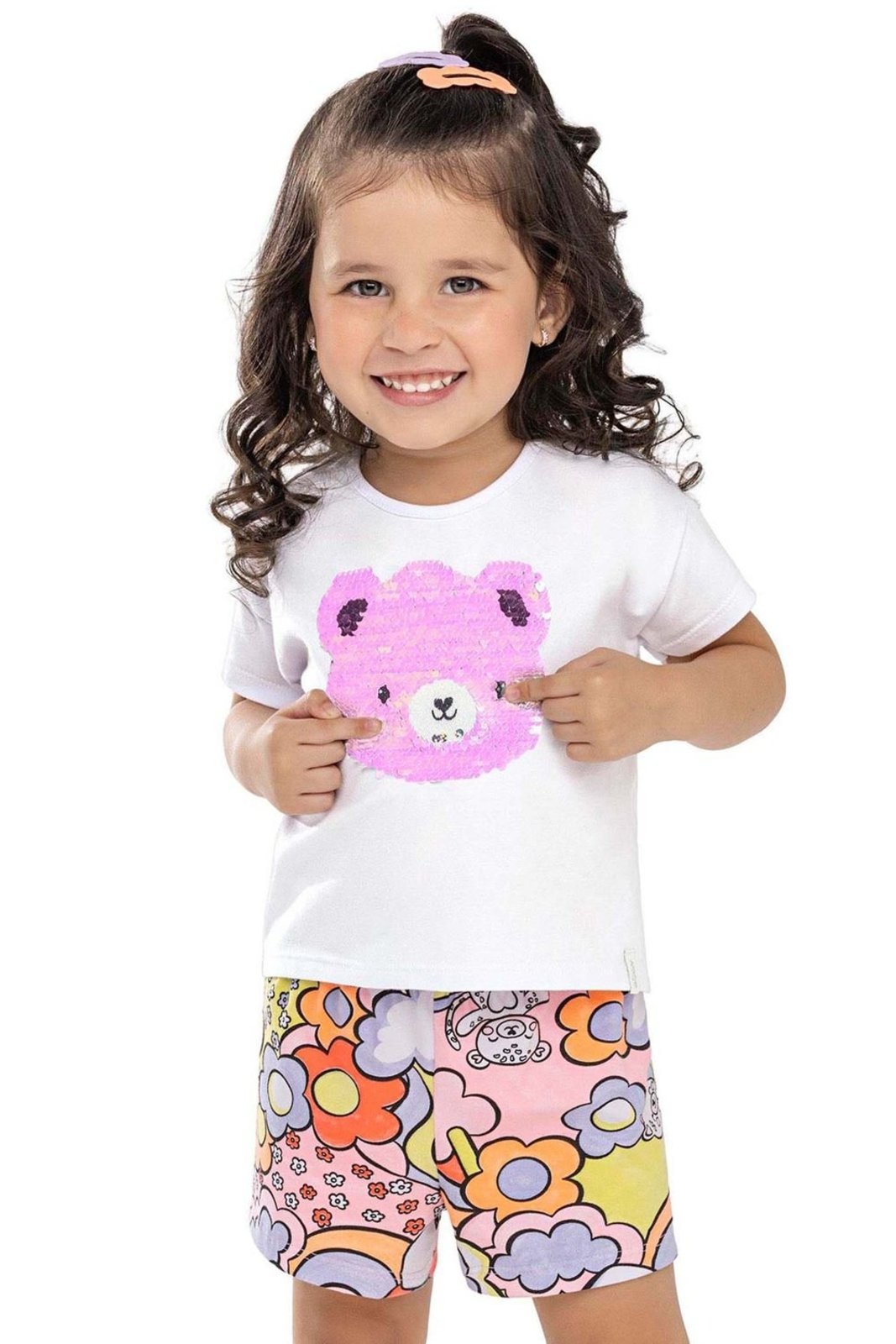 Infantil - Conjunto Menina Urso Lantejoula Elian Branco