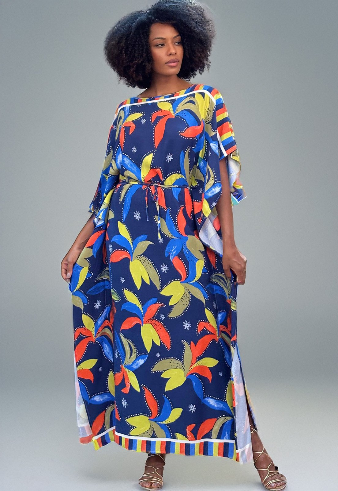 Vestido Amazonia Vital Kaftan Viscose Longo Estampa Azul do Pantanal