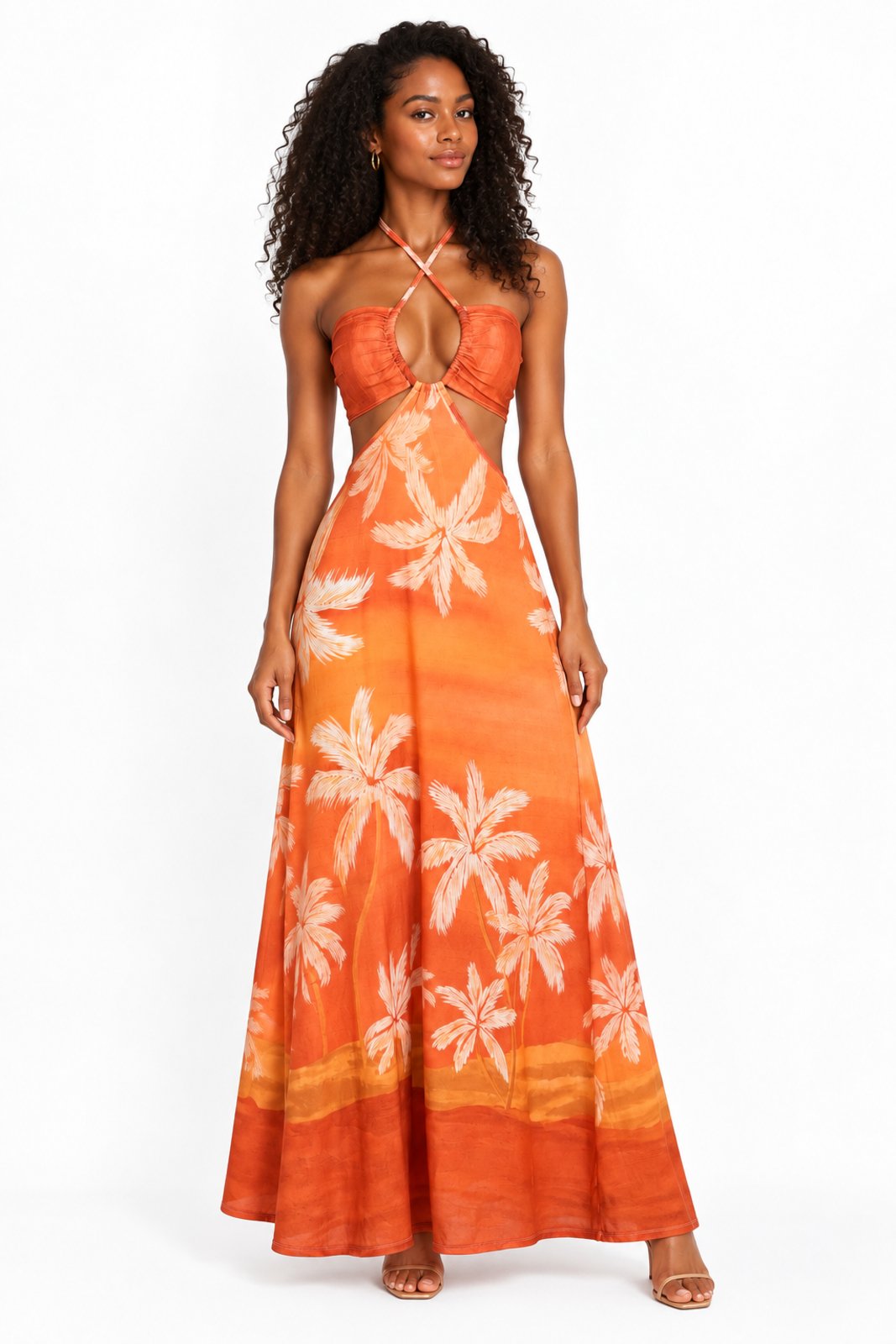 Vestido Longo Estampado Tropical D Bell Outlet Fashion Laranja